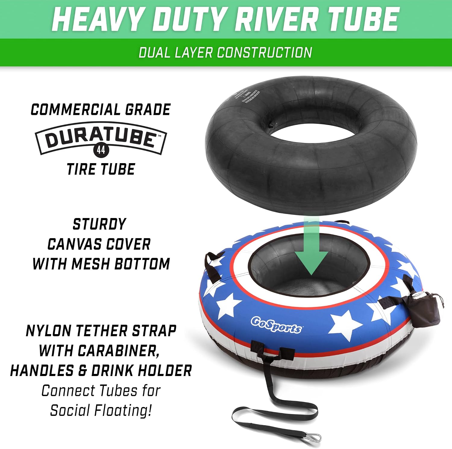Detalle 2 de GoSports 44 Inch Heavy-Duty River Tube with Premium Canvas Cover – Commercial Grade, Stars & Stripes