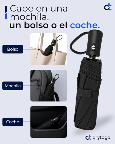 Detalle de Paraguas antiviento Drytogo plegable (Ø95/Ø100/Ø105 cm): 8 varillas reforzadas, automático y compacto