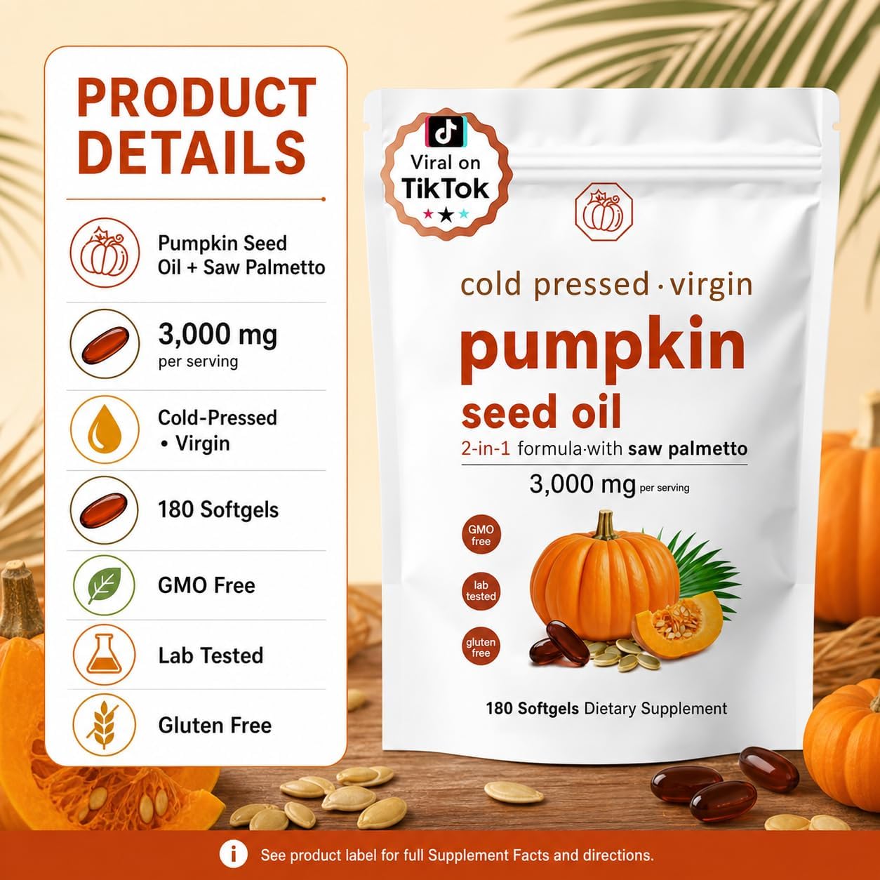 Detalle 2 de Generic Pumpkin Seed Oil Softgels with Saw Palmetto, 3,000 mg, 180 Count