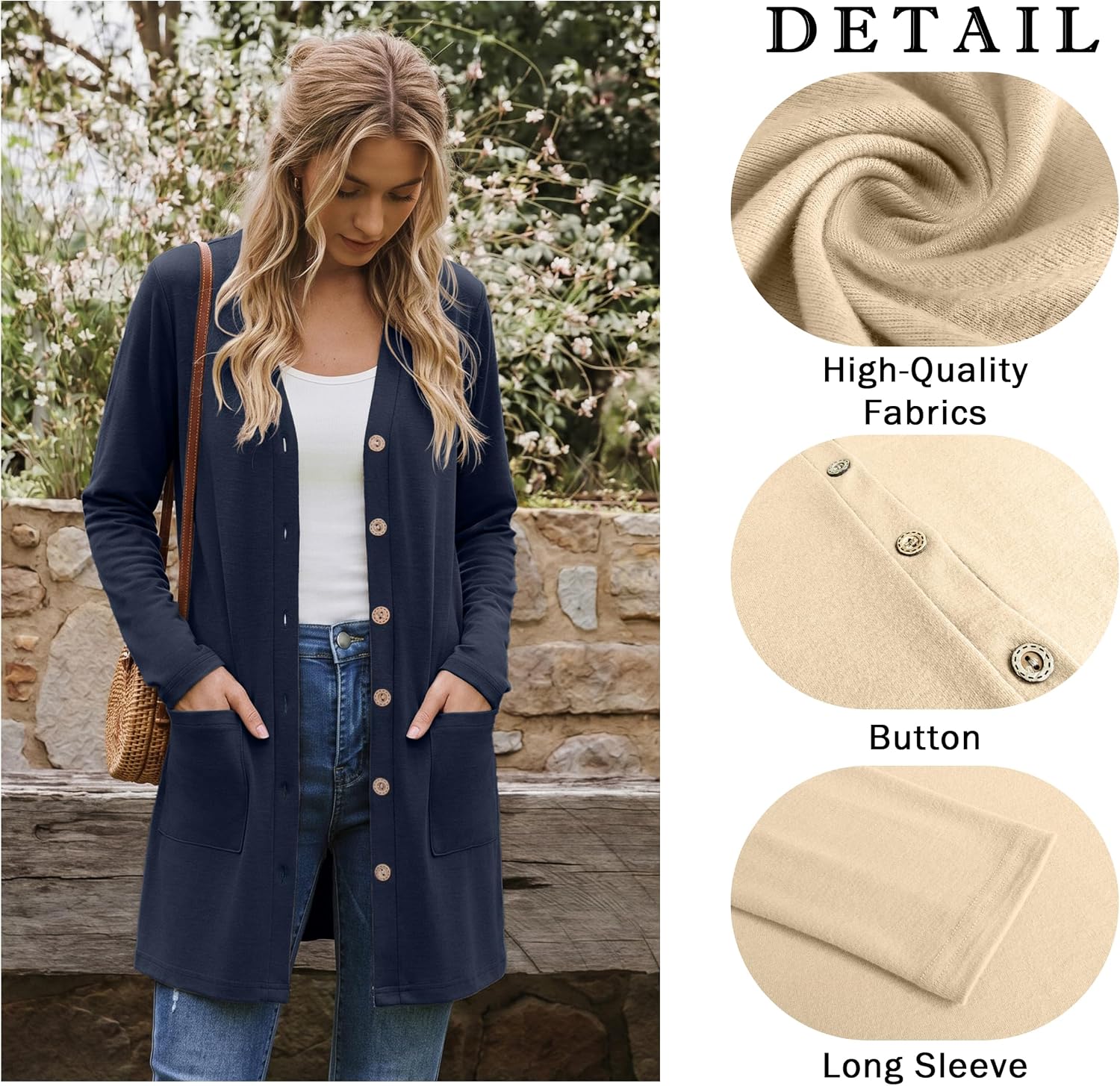 Detalle de Qixing Women's Lightweight Button-Down Cardigan with Long Sleeves and Pockets