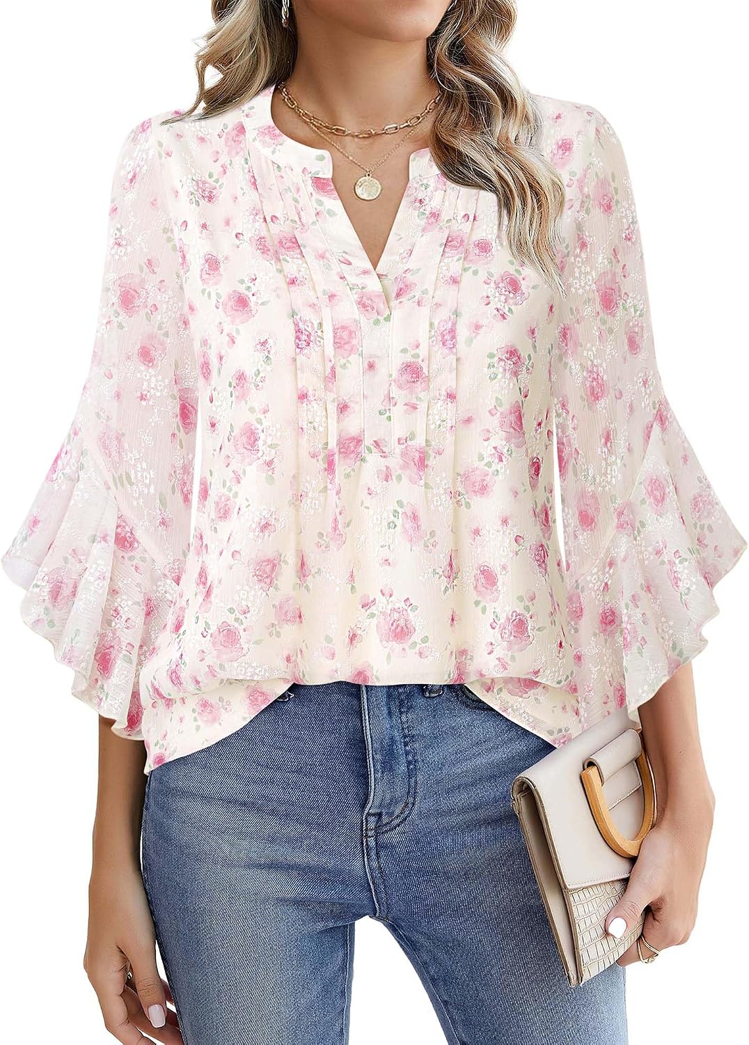 Detalle de Timeson Women’s 3/4 Sleeve Dressy Casual Top with Pleated Henley V-Neck