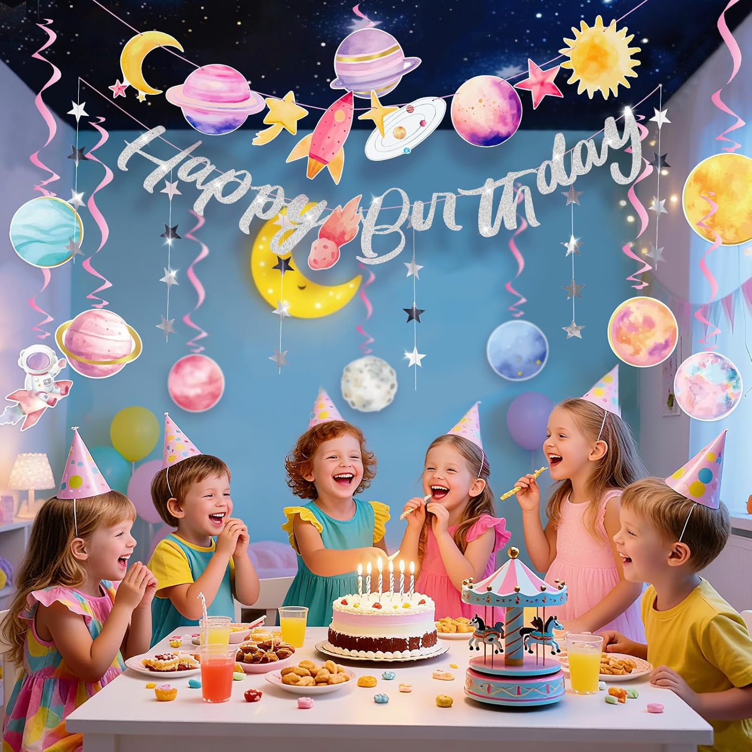 Thumbnail 4 de EASY JOY Weltraum Deko Happy Birthday Girlande 3D Papierdekoration Planet Spiralen Space Astronauten