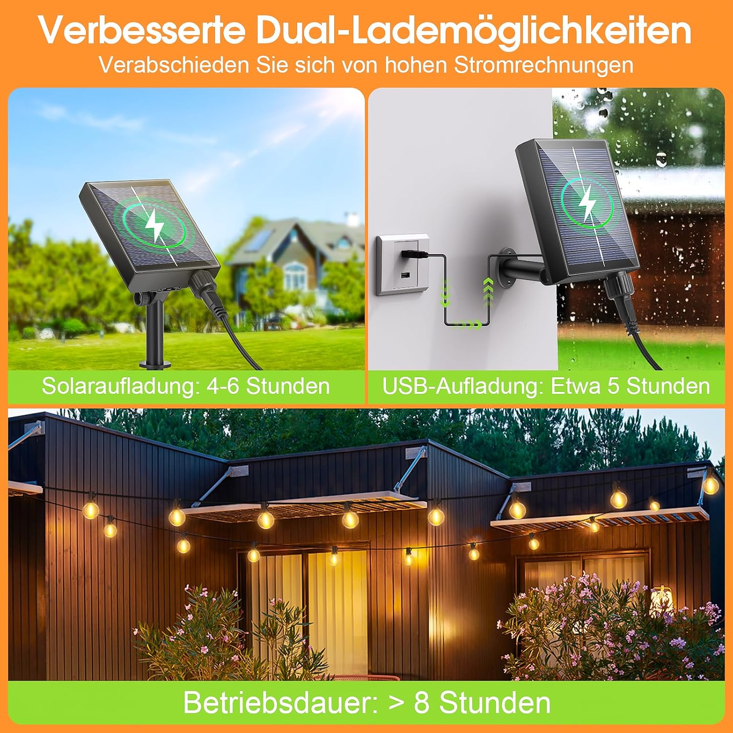 Detalle de FGRYB Solar Lichterkette Außen 15 m – 20+1 G40 LEDs, dimmbar, IP65 Solar + USB-C, 8 Modi