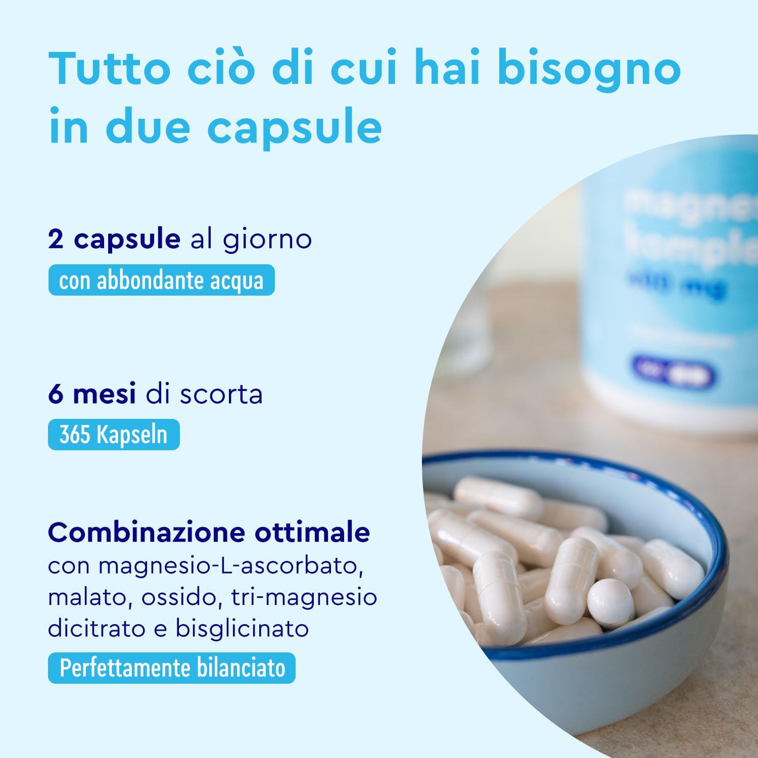 Detalle 2 de Magnesio Completo 400 mg (Premium 5 in 1) – 365 capsule – bisglicinato, citrato, ossido, malato e ascorbato