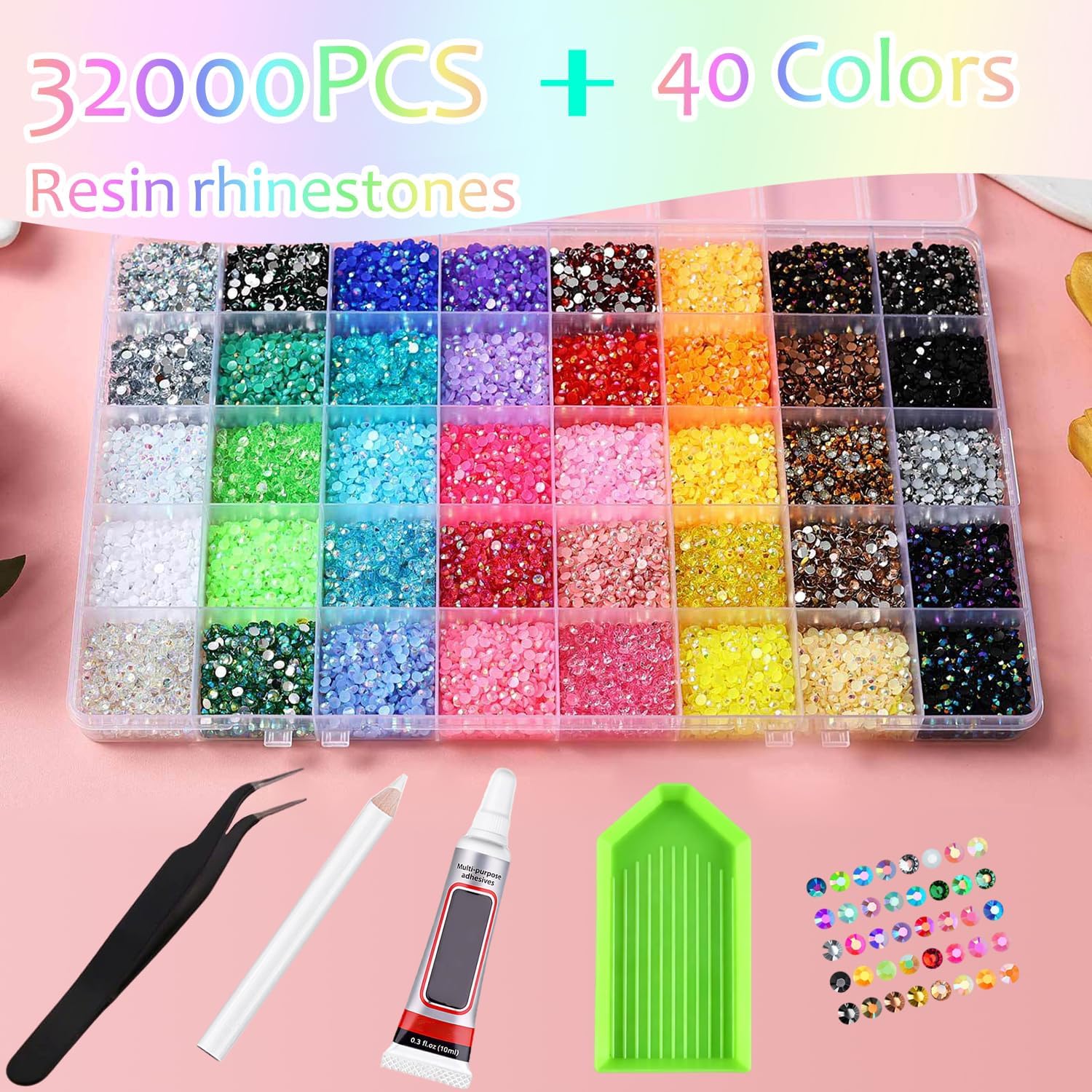Thumbnail 1 de NXPUXP 40 Colors Resin Jelly Rhinestones Bedazzling Kit – 32000pcs with Glue, Tray & Tools