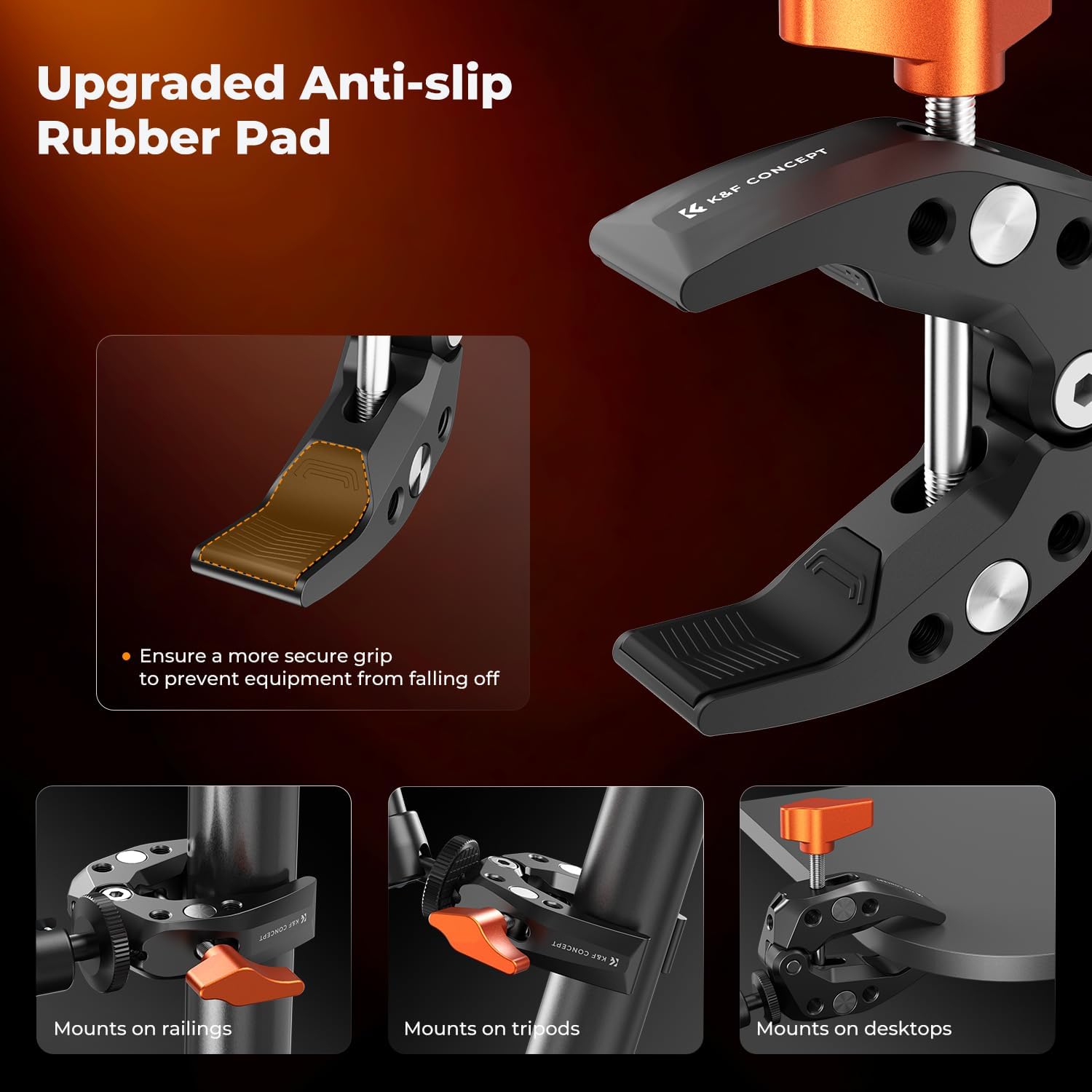 Detalle de K&F CONCEPT 2-Pack Super Clamp with 1/4" Threads (60mm max opening) for round pipes, rails and photo accessories