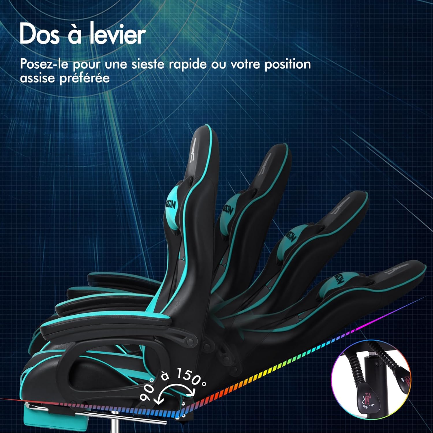 Detalle de ALFORDSON Chaise Gaming Xavier — Chaise ergonomique avec massage lombaire, repose-pieds et dossier inclinable