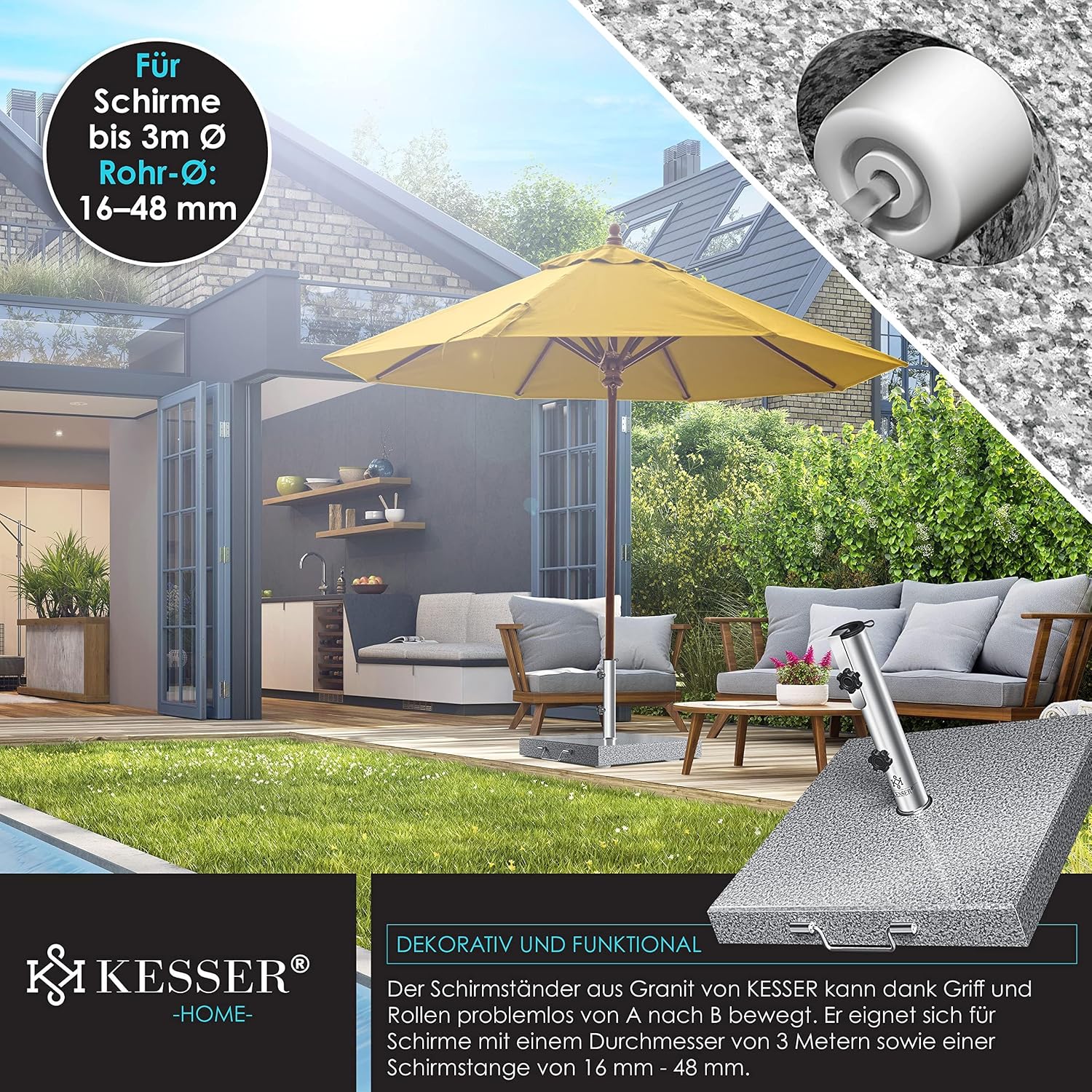 Thumbnail 4 de KESSER Granit-Sonnenschirmständer mit Edelstahlrohr – quadratischer Sockel (30 kg) für Schirmstöcke 16–48 mm, inkl. Transportgriff, grau