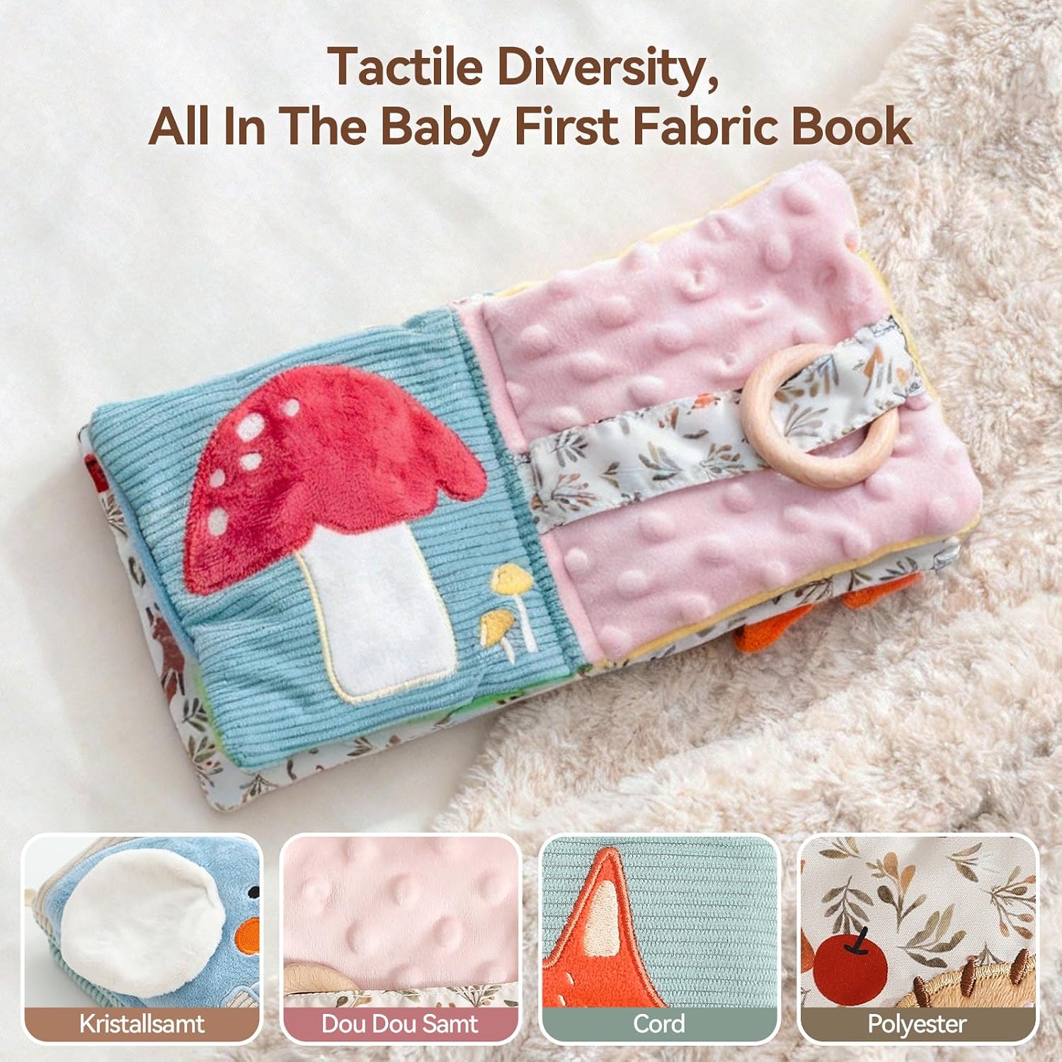 Detalle 2 de WOODEN TEETHER Baby Soft Books 0–6 Months sensory book