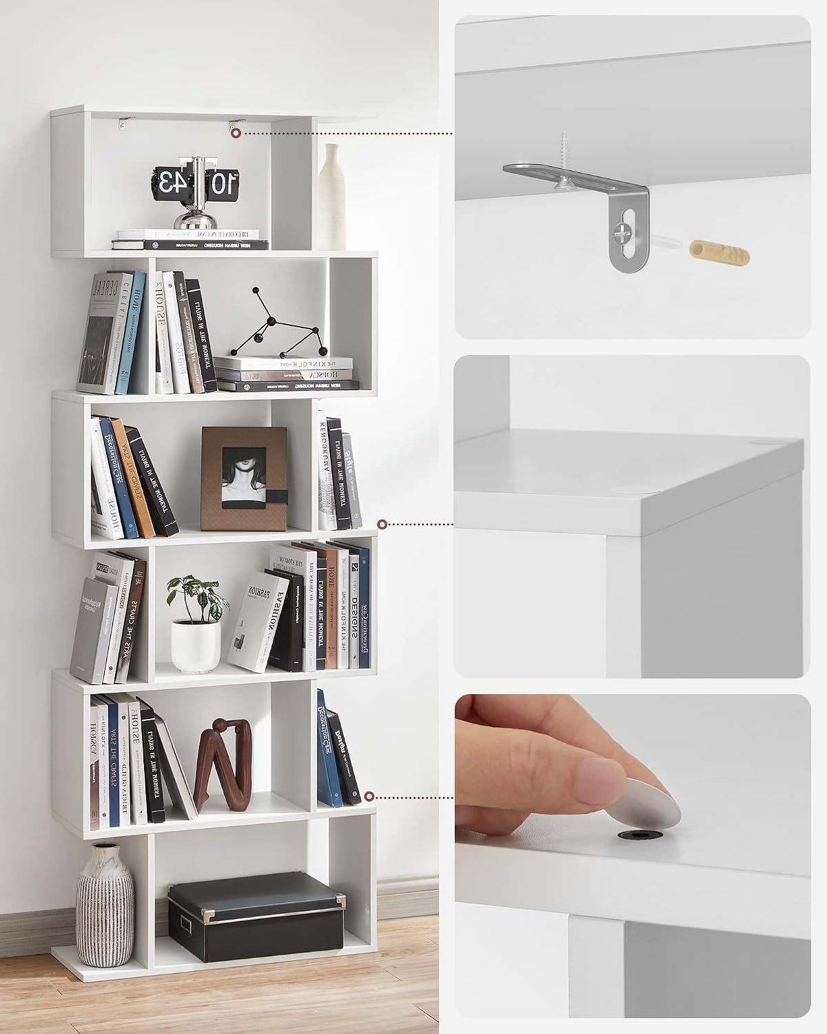 Detalle 2 de VASAGLE CUSTOS ULBC61WTV1 6-Shelf Bookcase, White, S-Shaped
