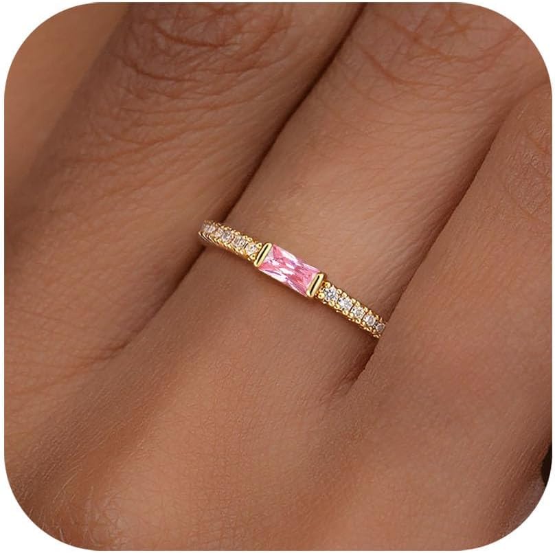Detalle de ZOERAY Damenring in Goldoptik, wasserfest mit Zirkonia – stapelbar mit Geburtsstein (Aquamarin/Citrin/Peridot)