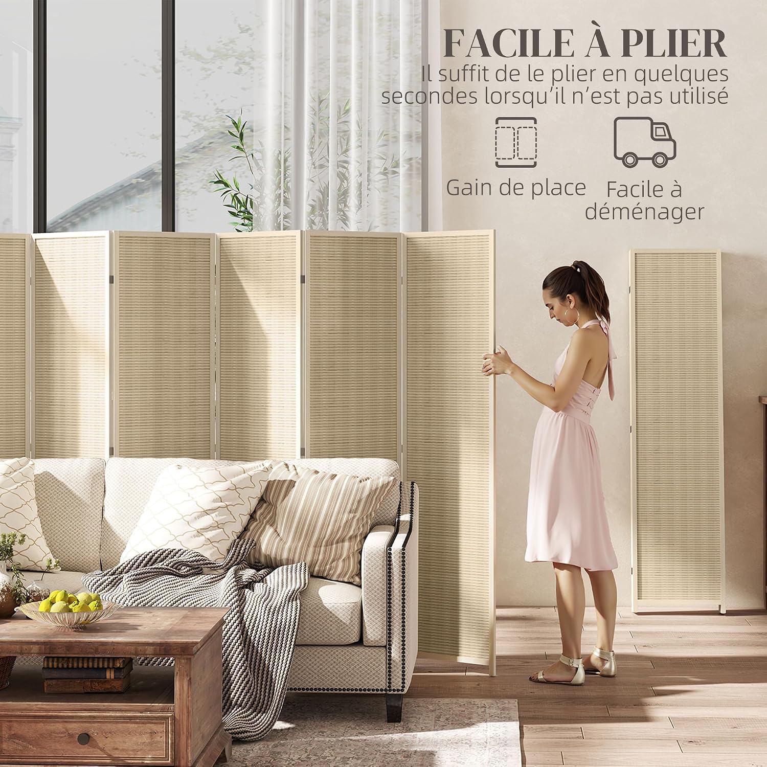 Detalle de Paravent intérieur HOMCOM en bois 6 panneaux — 270 x 180 cm, séparateur de pièce pliable