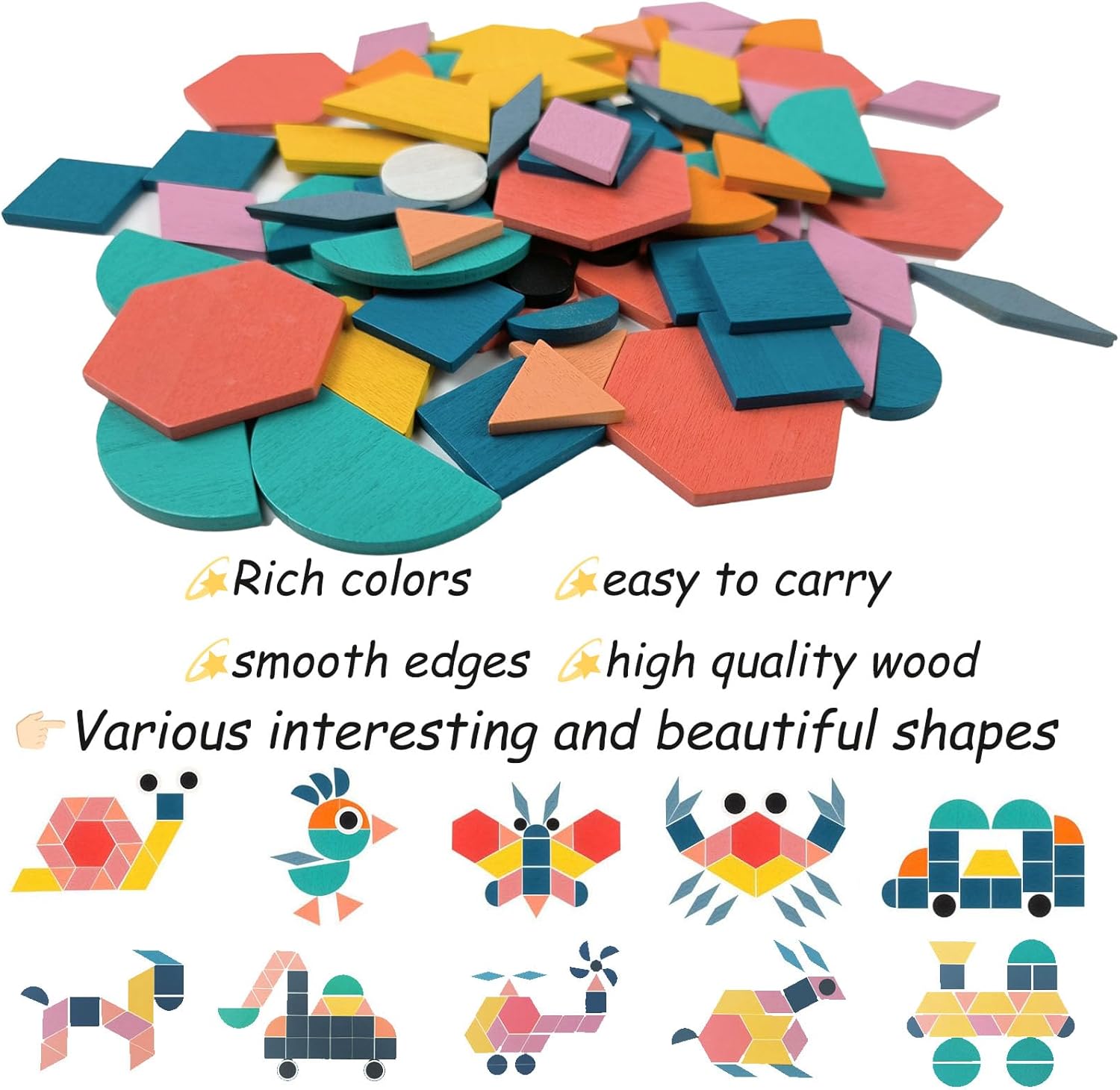 Detalle de EACHHAHA Tangram Shape Puzzle – 180 Wooden Pattern Blocks for Creative Learning (Ages 3–6)