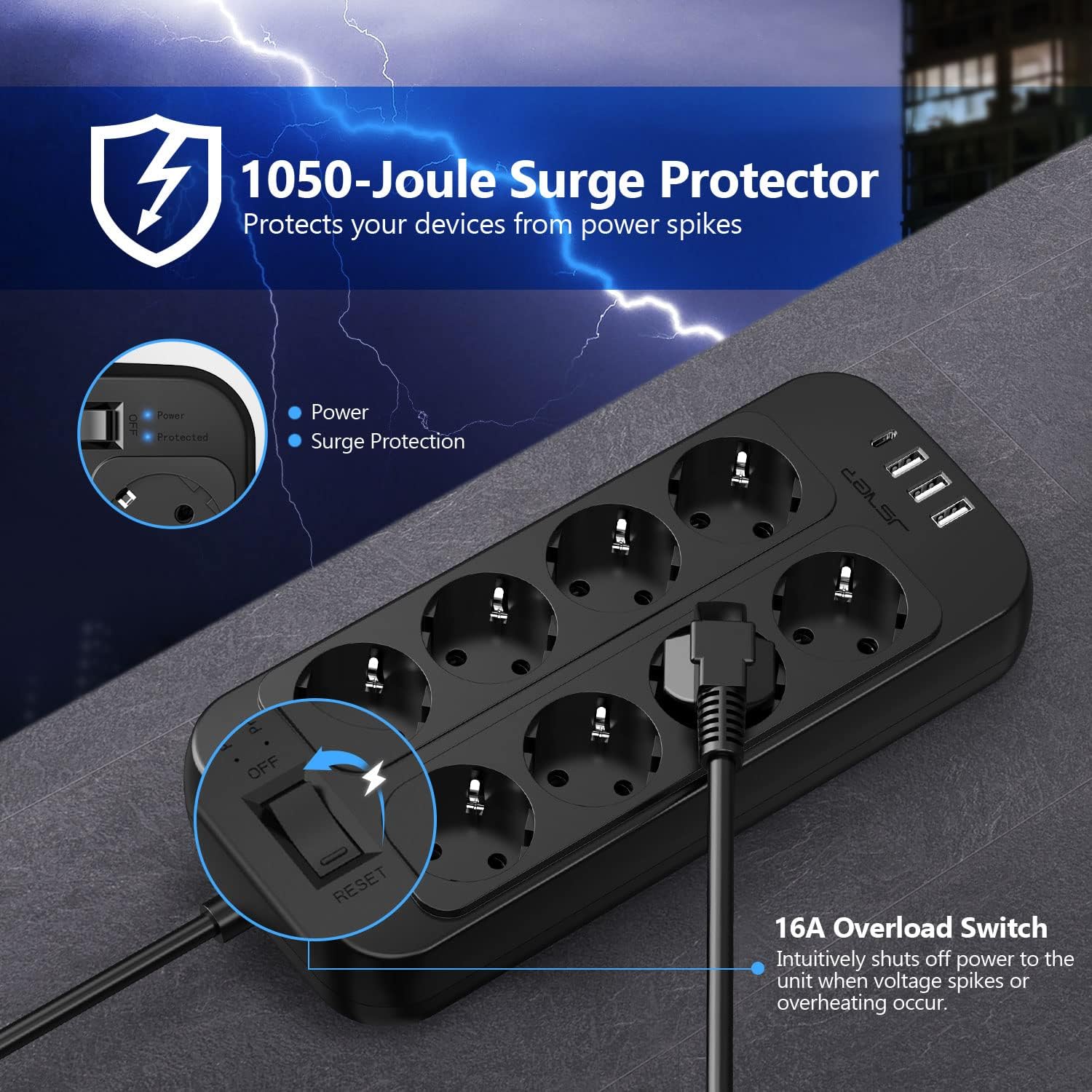 Thumbnail 3 de JSVER Multiprise 8 prises avec USB-C et USB-A, câble 2 m – Surtension, terre et interrupteur