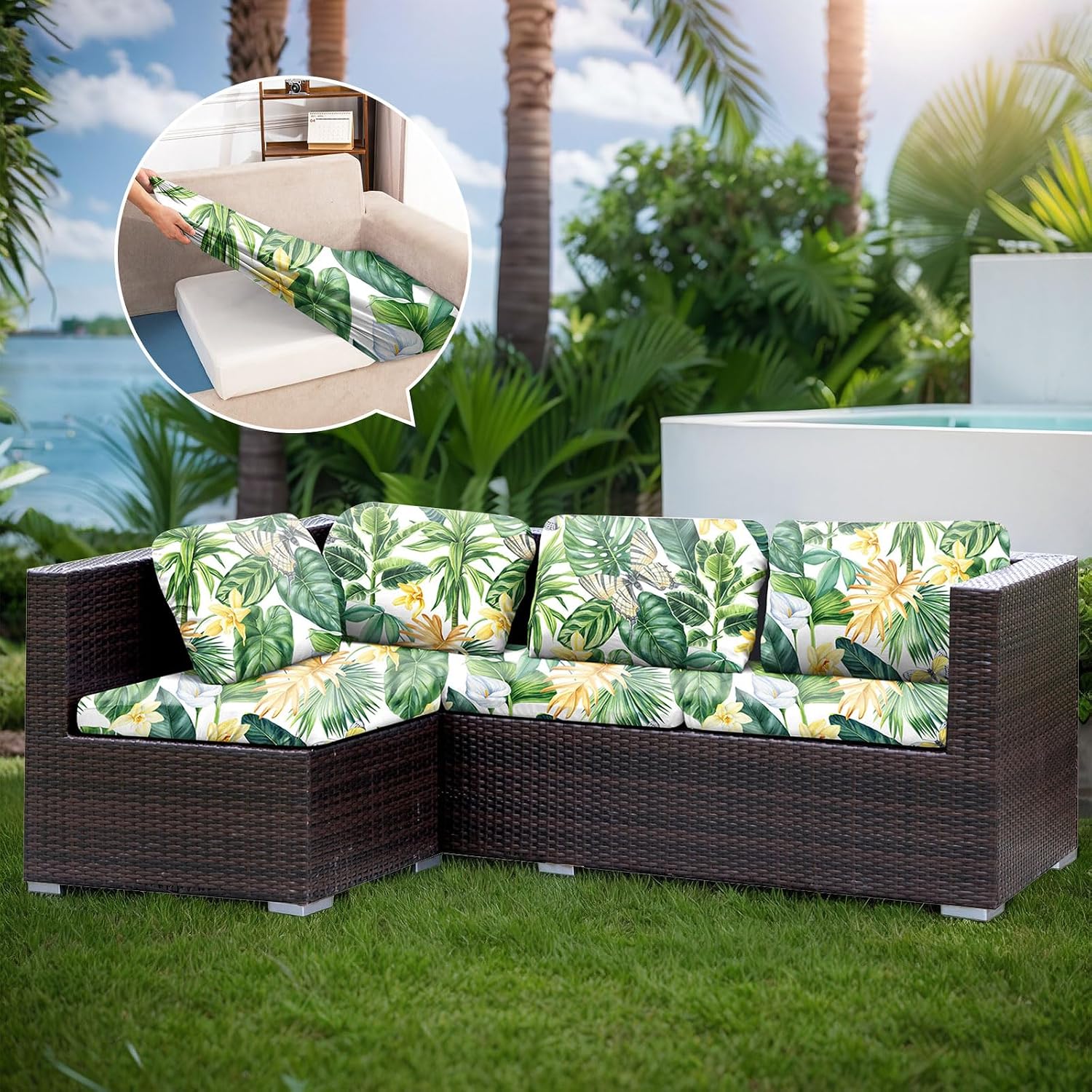 Thumbnail 5 de LiveGo Patio Stretch Sofa Cushion Cover (8-pack) – Outdoor replacement slipcovers with soft elastic fit, Green Leaves