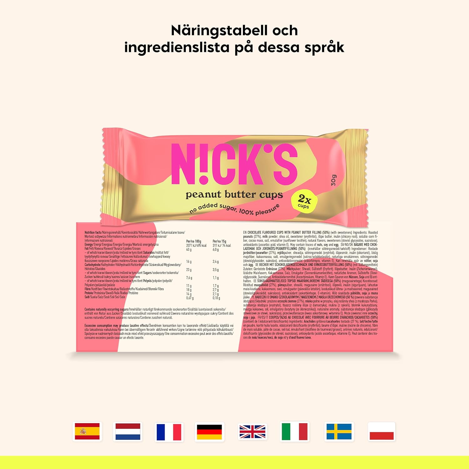 Detalle de N!CK'S Peanut Butter Cups, jordnötssmörskoppar utan tillsatt socker, 12 x 30 g