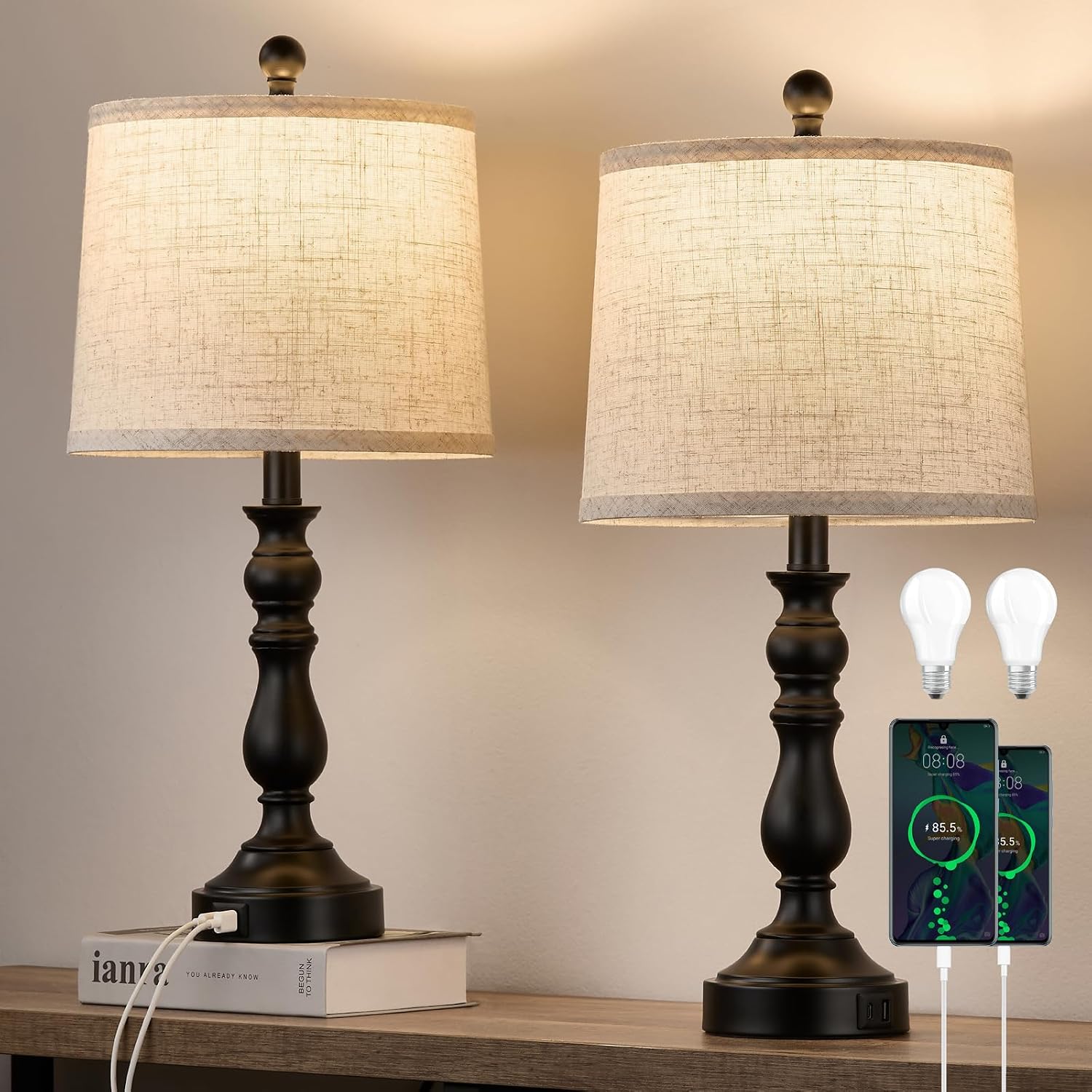 Detalle de Leasgy L-2T-138-A Table Lamp Set of 2 with USB-C/A Ports and 3 Colour Temperatures