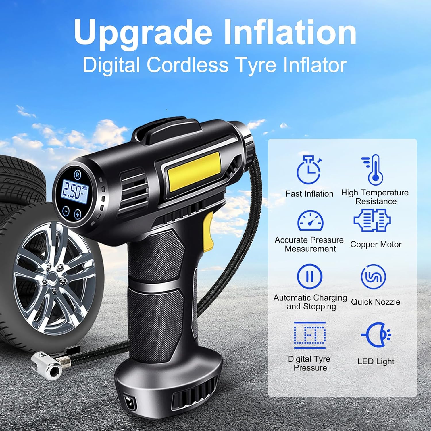 Detalle 2 de ProChosen Cordless Tyre Inflator Air Compressor (12V, 7000mAh) – Portable 150 PSI with LCD Display, LED Light and 3 Nozzles