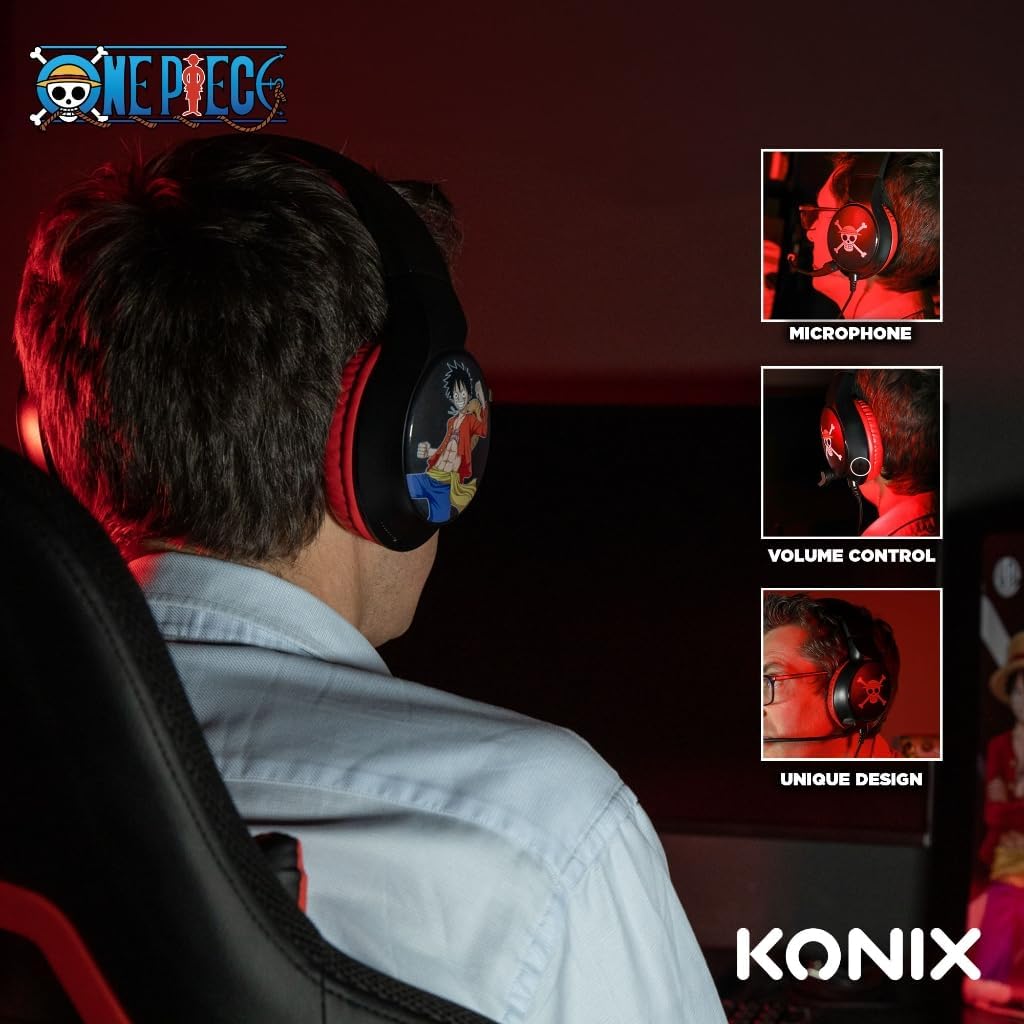 Detalle de Konix Cuffie da gioco cablate One Piece modello Luffy – comfort over-ear e jack 3,5 mm, 1,5 m di cavo