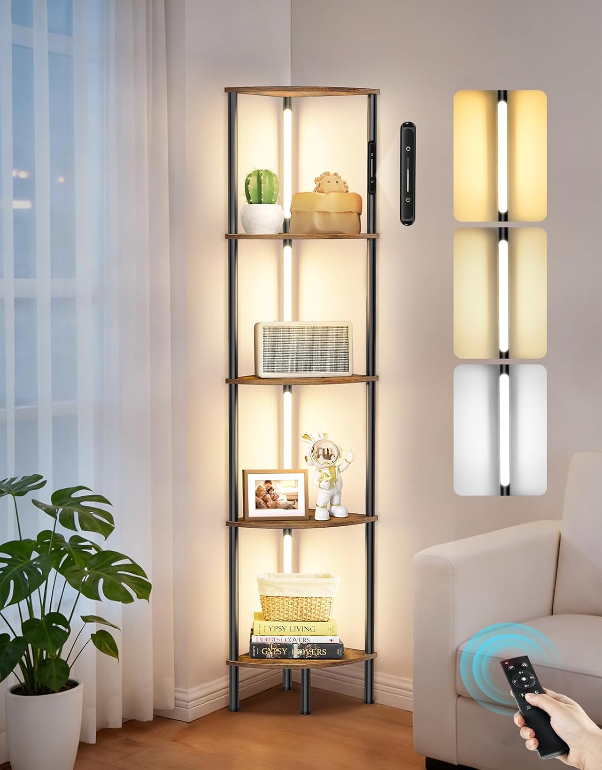 Detalle de OUTONLIFE LED Floor Lamp with Shelves (Rustic Brown) – 3 Colour Temps, Touch & Remote
