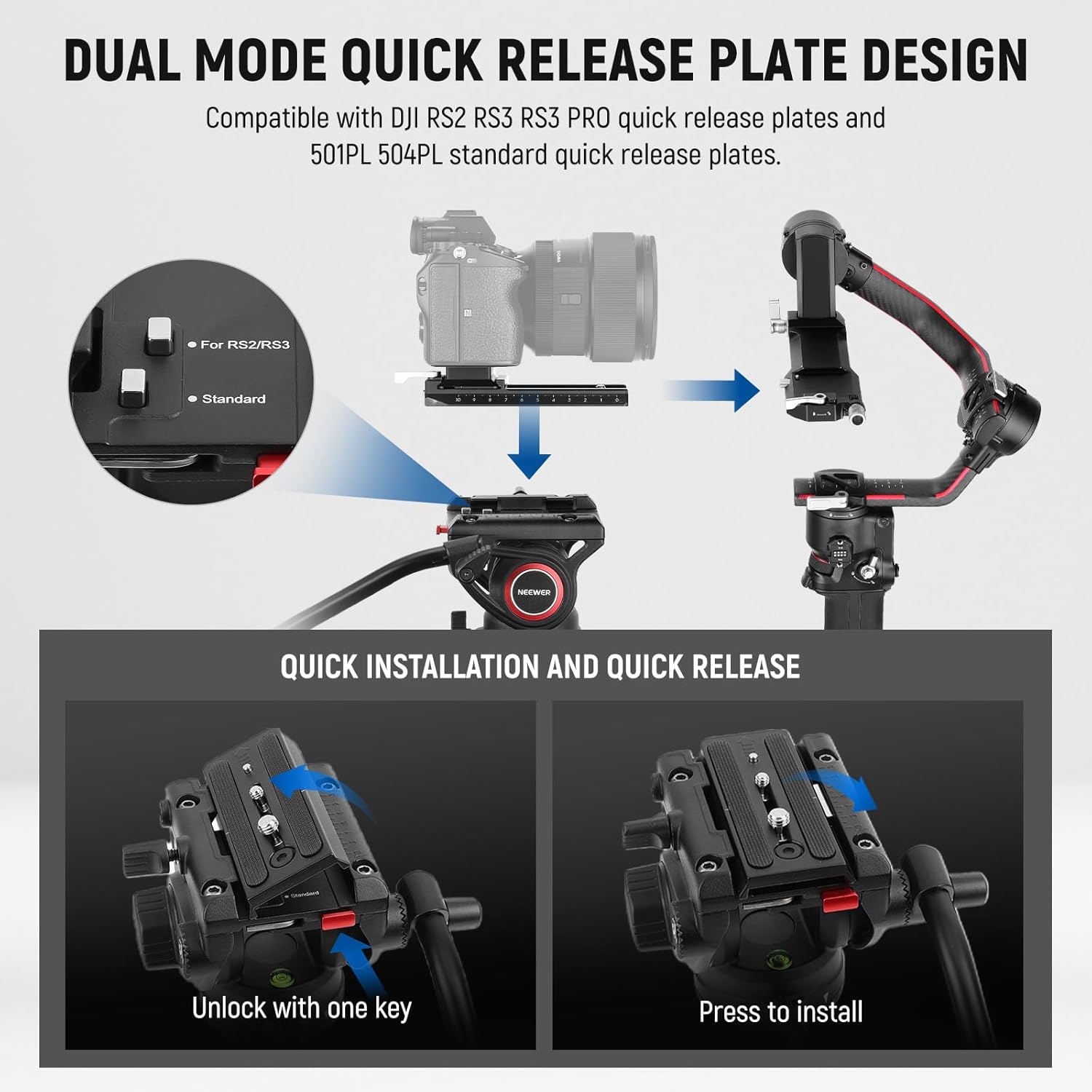 Detalle de NEEWER 74" Video Tripod with Fluid Head & Damping Control (TP74) – Heavy-Duty Aluminium Stance for DSLR & Camcorders