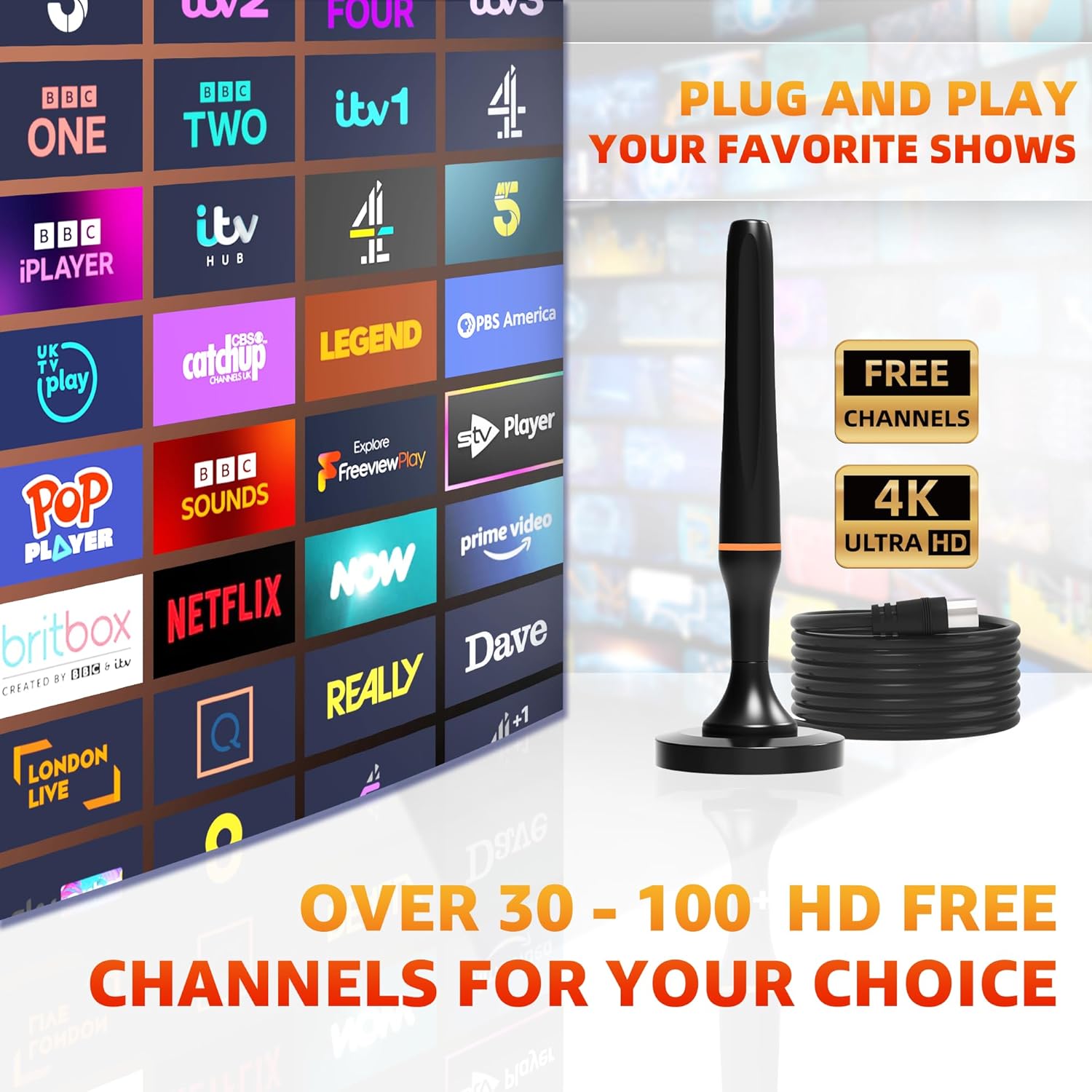 Detalle 2 de Digital Indoor TV Aerial for Smart TV with Magnetic Base — 120 Mile 360° Reception