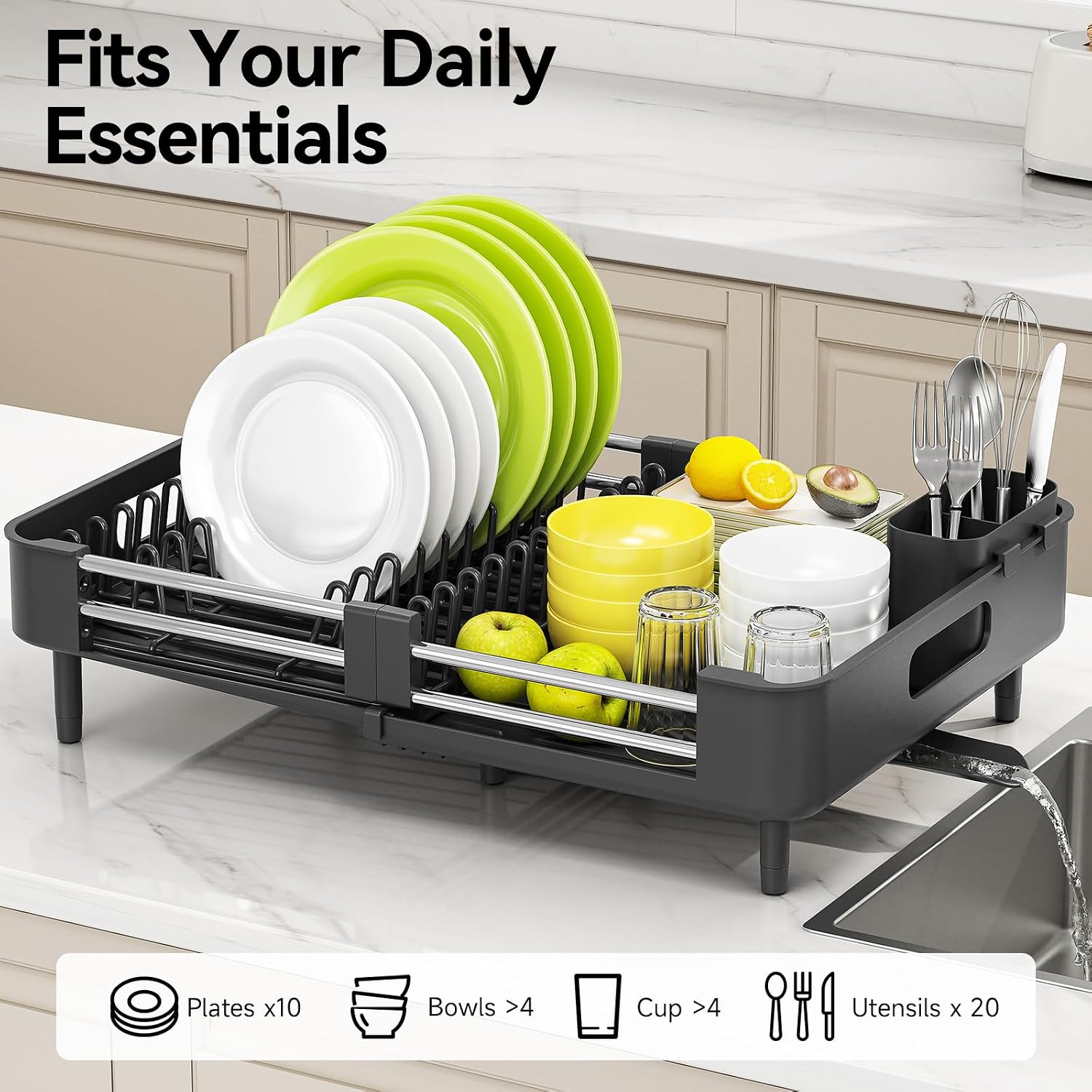 Detalle de Urackify Extendable Stainless Steel Dish Rack, Black, with Swivel Drain Spout