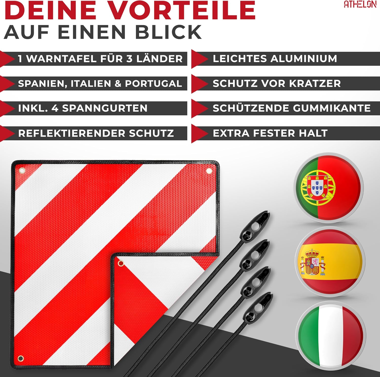 Thumbnail 6 de ATHELON 3in1 Warntafel für Italien, Spanien & Portugal – Reflektierendes Warnschild mit 4 Spanngurten