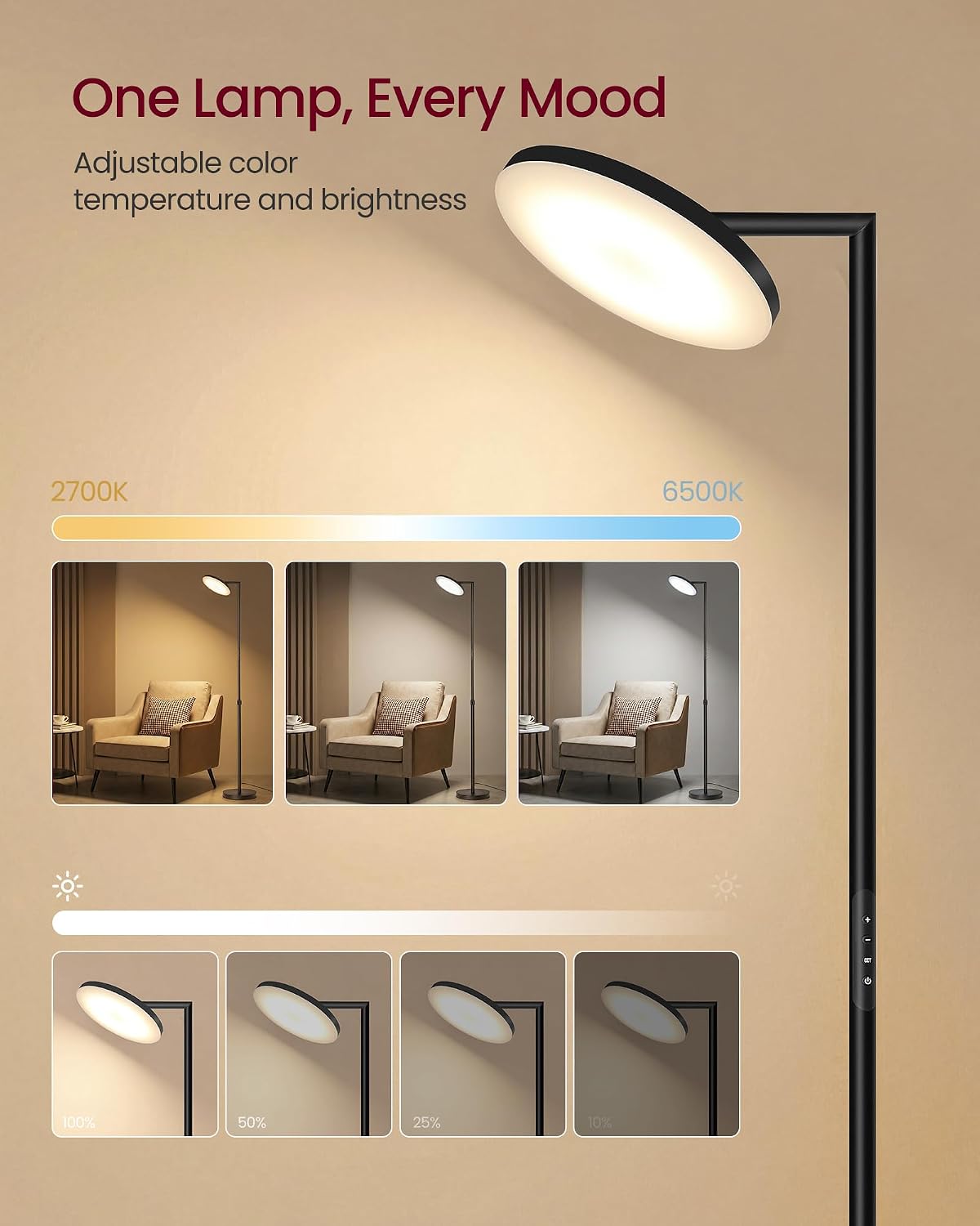 Detalle de VASAGLE LFL008BD01 LED Floor Lamp, 36W Adjustable Height, Rotating Head