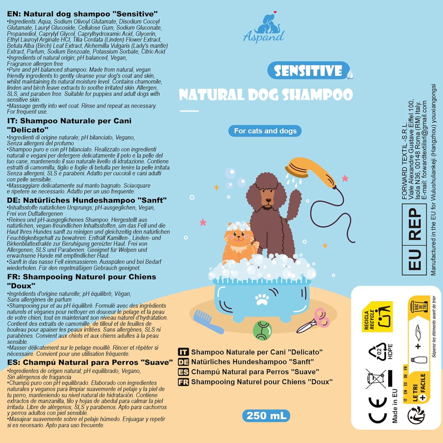 Thumbnail 6 de Aspand Shampoo Naturale Sensitive Delicato per cani adulti e cuccioli, senza profumo e coloranti, pH bilanciato – 250 ml