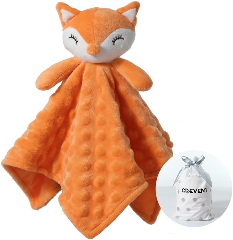 Detalle de CREVENT Soft Plush Animal Face Security Blanket (Orange Fox) – Fleece cuddle comforter for babies