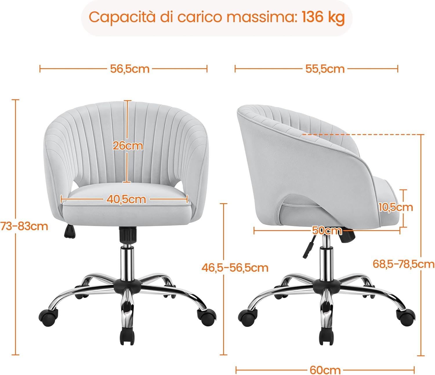Detalle de Yaheetech poltroncina ergonomica da ufficio in velluto, altezza regolabile e girevole a 360° (grigio chiaro)