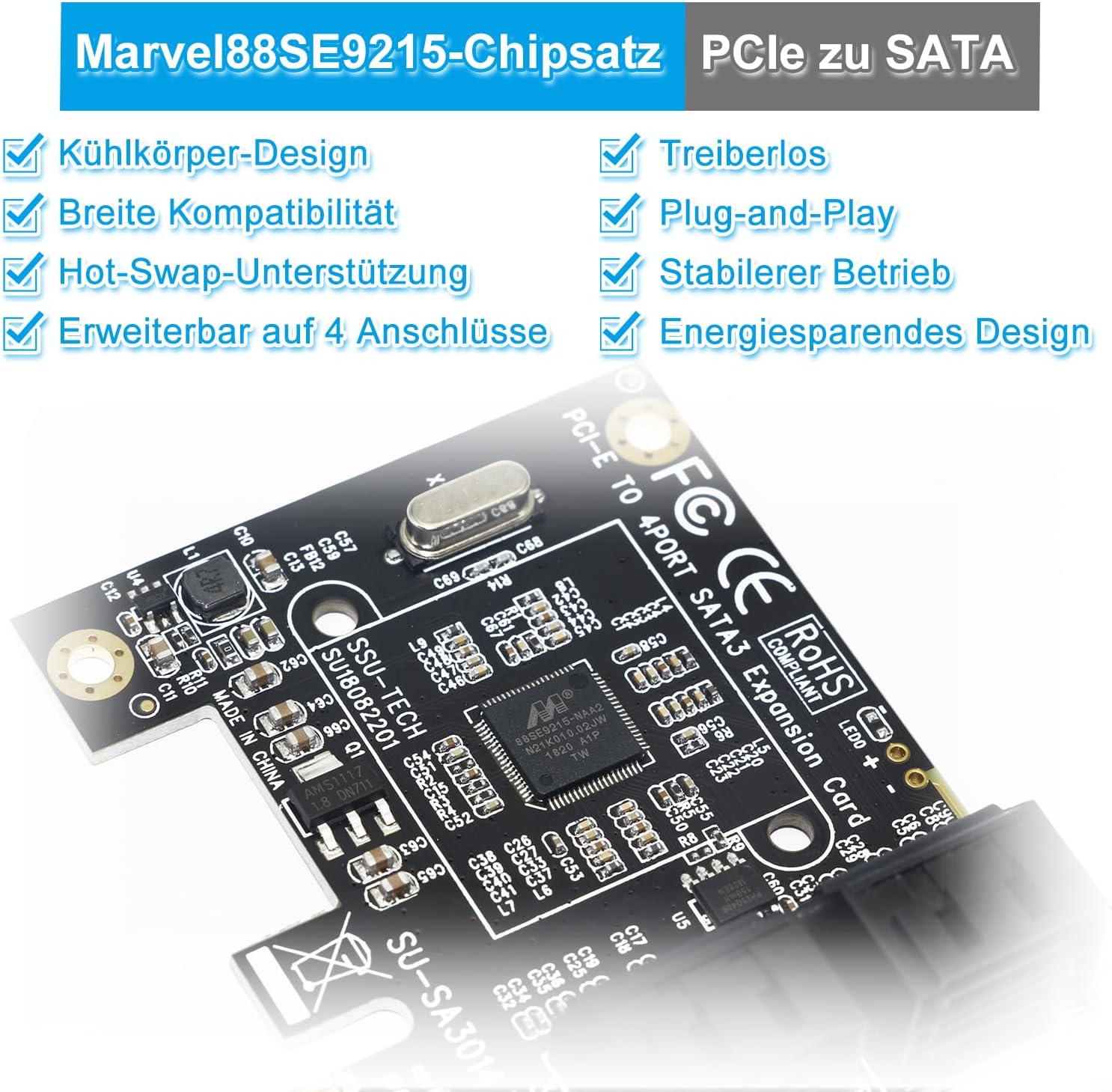 Thumbnail 1 de Ziyituod PCIe-zu-SATA-Adapterkarte mit 4 Ports (SATA 3.0, 6 Gbit/s) inkl. Low-Profile-Halterung
