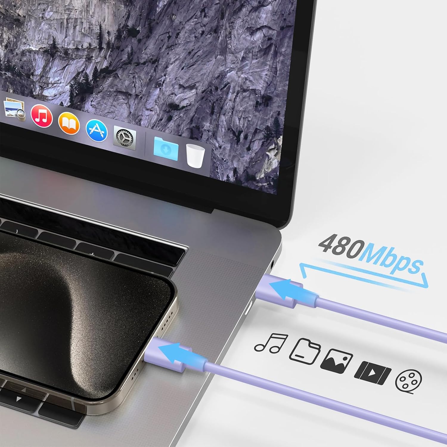 Detalle de 5FT Car CarPlay Cable for iPhone 15/16 — USB-C to Lightning? (Purple) — Apple MFi Certified