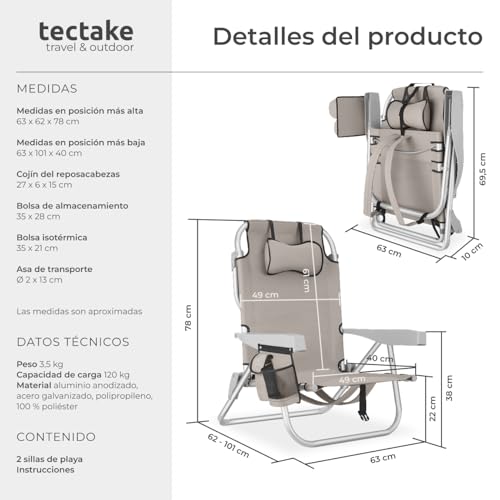 Thumbnail 1 de tectake Silla Playa Plegable con Respaldo Ajustable y Función Mochila – 2 Unidades Beige