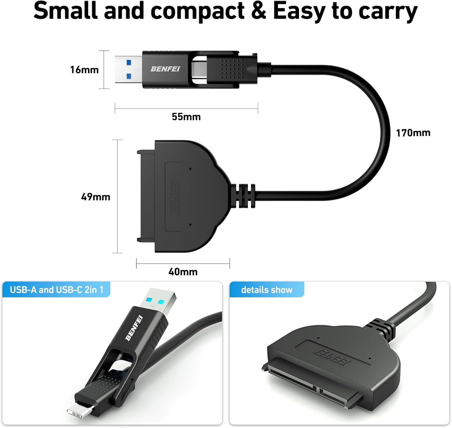 Detalle de BENFEI SATA to USB Cable 2in1: USB-C/USB 3.0 to 2.5" SATA HDD/SSD Adaptor