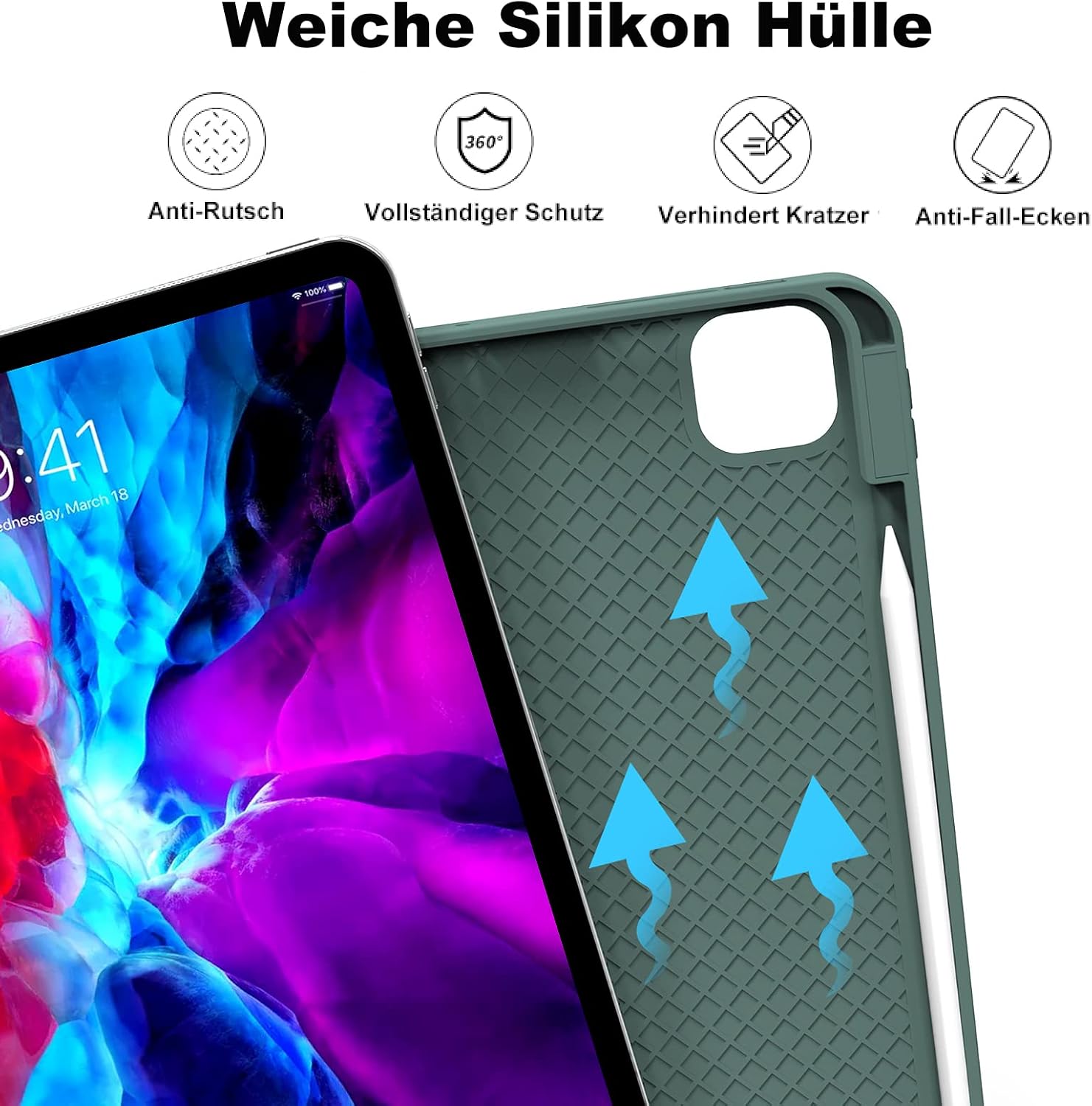 Thumbnail 4 de aoub Hülle für iPad Pro 11 (4./3./2. Generation) 2020–2022 – Grüne Silikonhülle mit Stifthalter und Autowake/Schlaf-Funktion