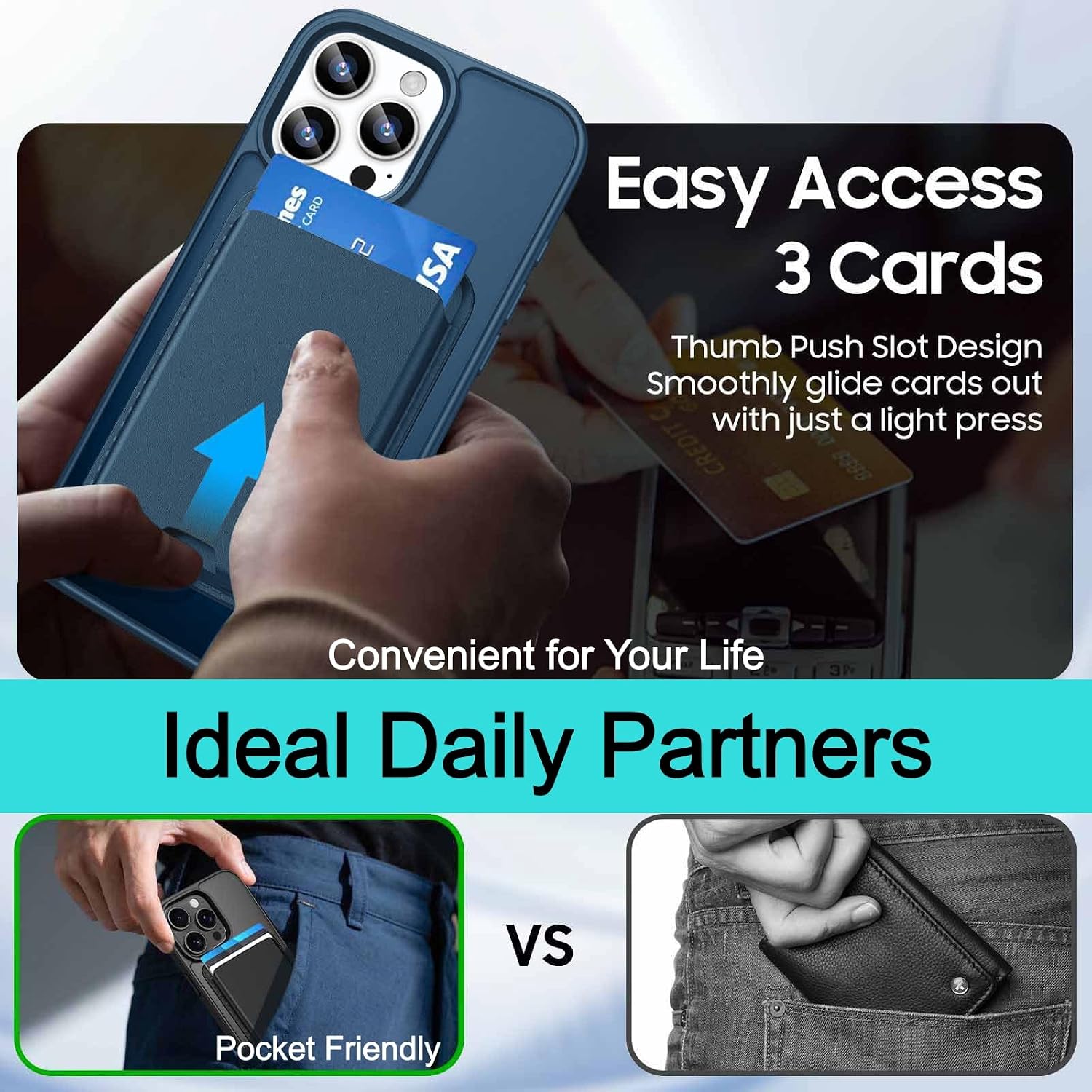 Detalle 1 de Ntwinro iPhone 15 Pro Magnetic Wallet Case, Deep Blue, MagSafe, Detachable Holder