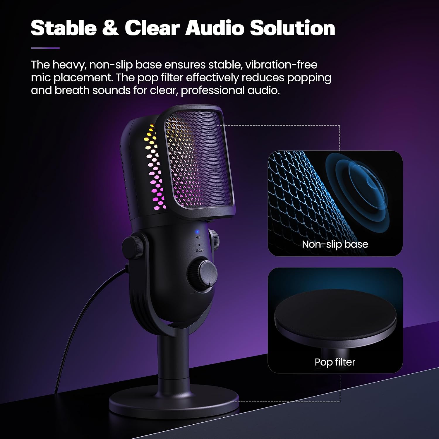 Detalle de GUEVWES USB Condenser Microphone for PC Gaming – RGB with Stand