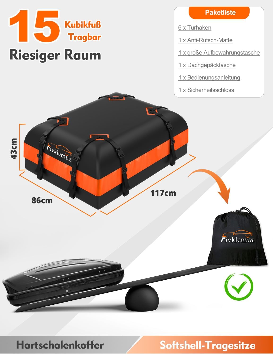Thumbnail 4 de FIVKLEMNZ Dachbox Auto für Dachgepäckträger – wasserdichte Dachtasche inkl. Anti-Rutsch-Matte, Gurte & Schloss