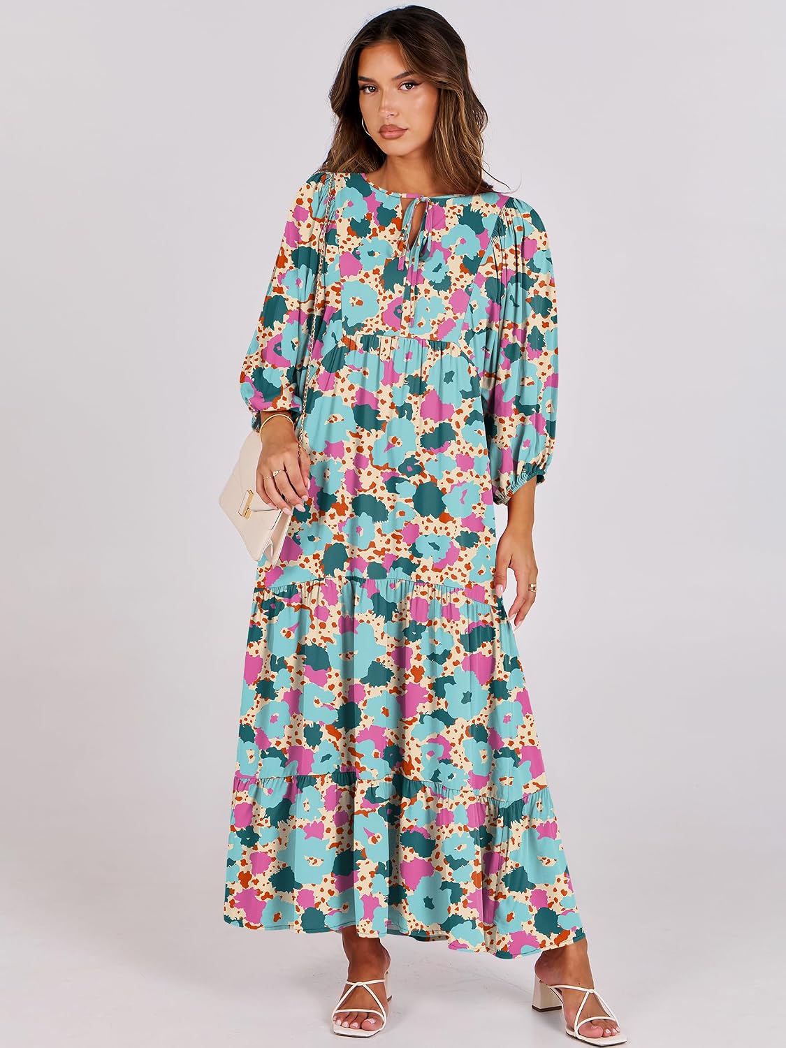 Detalle 2 de ANRABESS Womens Boho Floral 3/4 Puff Sleeve Maxi Dress