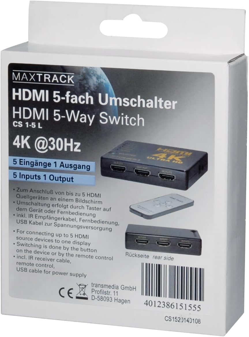 Thumbnail 6 de MaxTrack CS1-5L 5-fach HDMI Umschalter mit IR-Fernbedienung – 5 Eingänge, 1 Ausgang, 4K@30Hz, HDCP, Deep Color