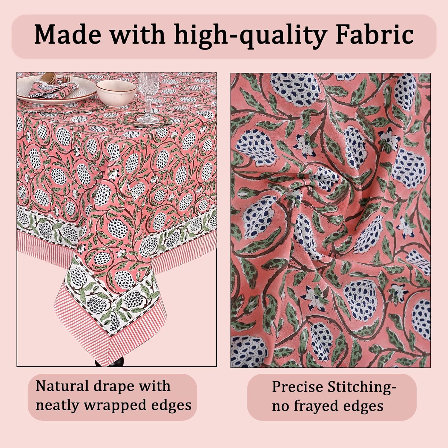 Detalle 2 de Ridhi Dark Salmon Pink Hand Block Print Cotton Tablecloth 60" x 60