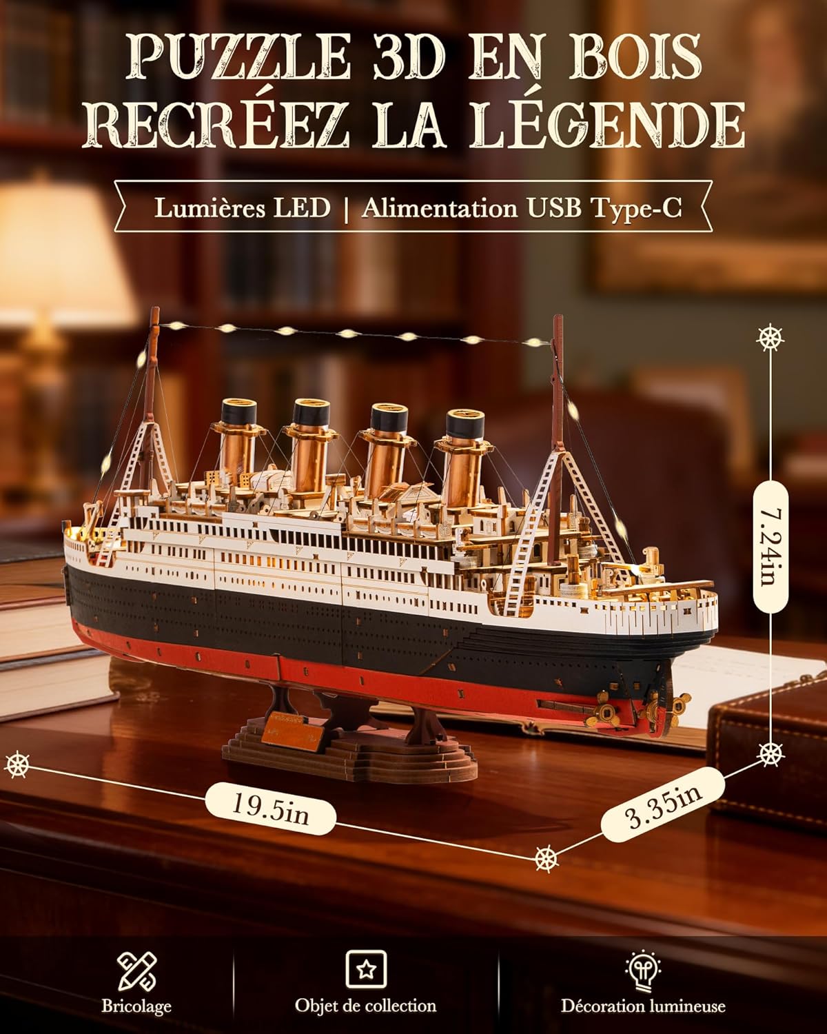 Thumbnail 2 de ROBOTIME Puzzle 3D en bois 1912 Eternal Atlantic Voyager (paquebot) avec éclairage LED