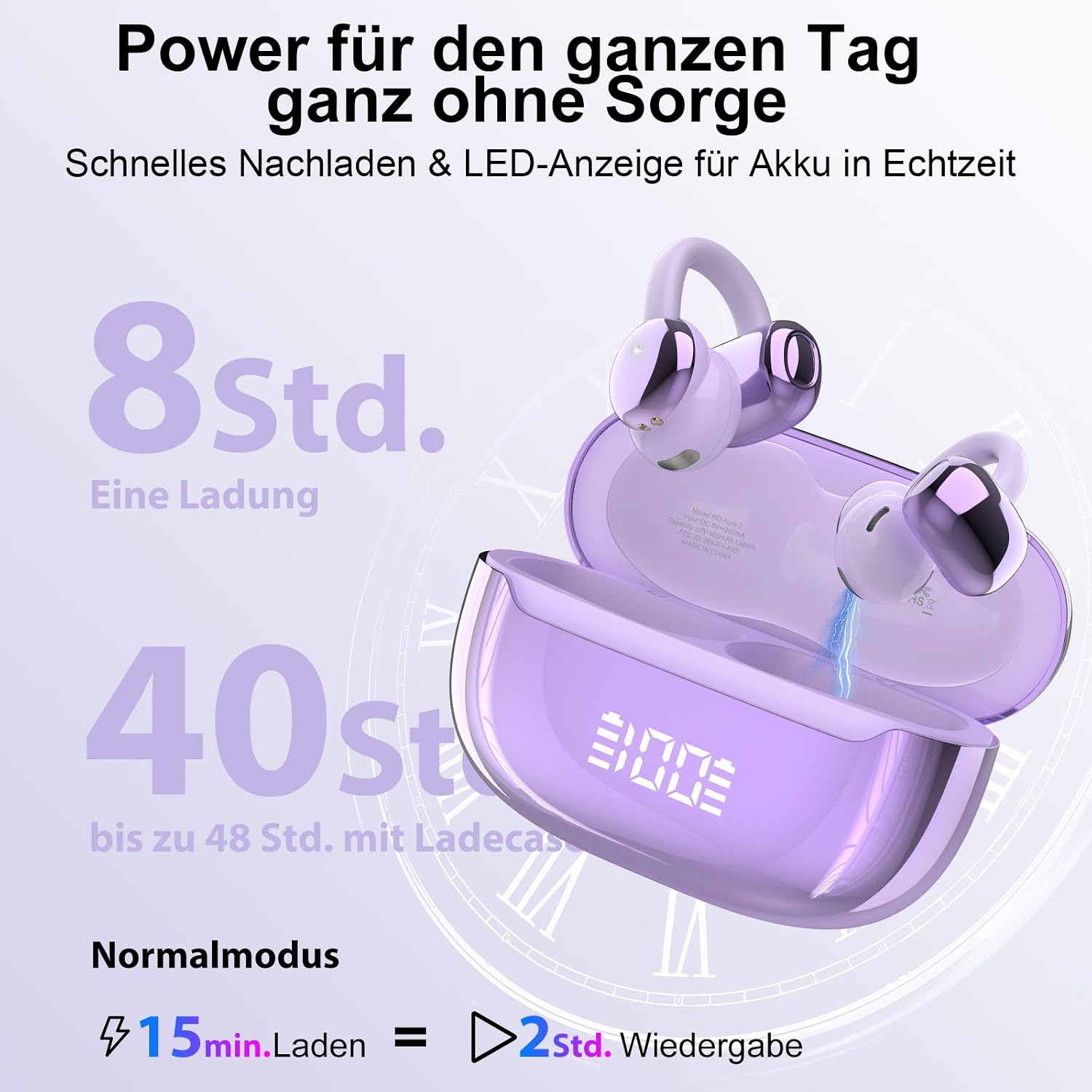 Detalle de Open Ear Bluetooth Kopfhörer 5.4 mit Clip-Design – 48 Std Laufzeit, IPX7, DNN Geräuschunterdrückung