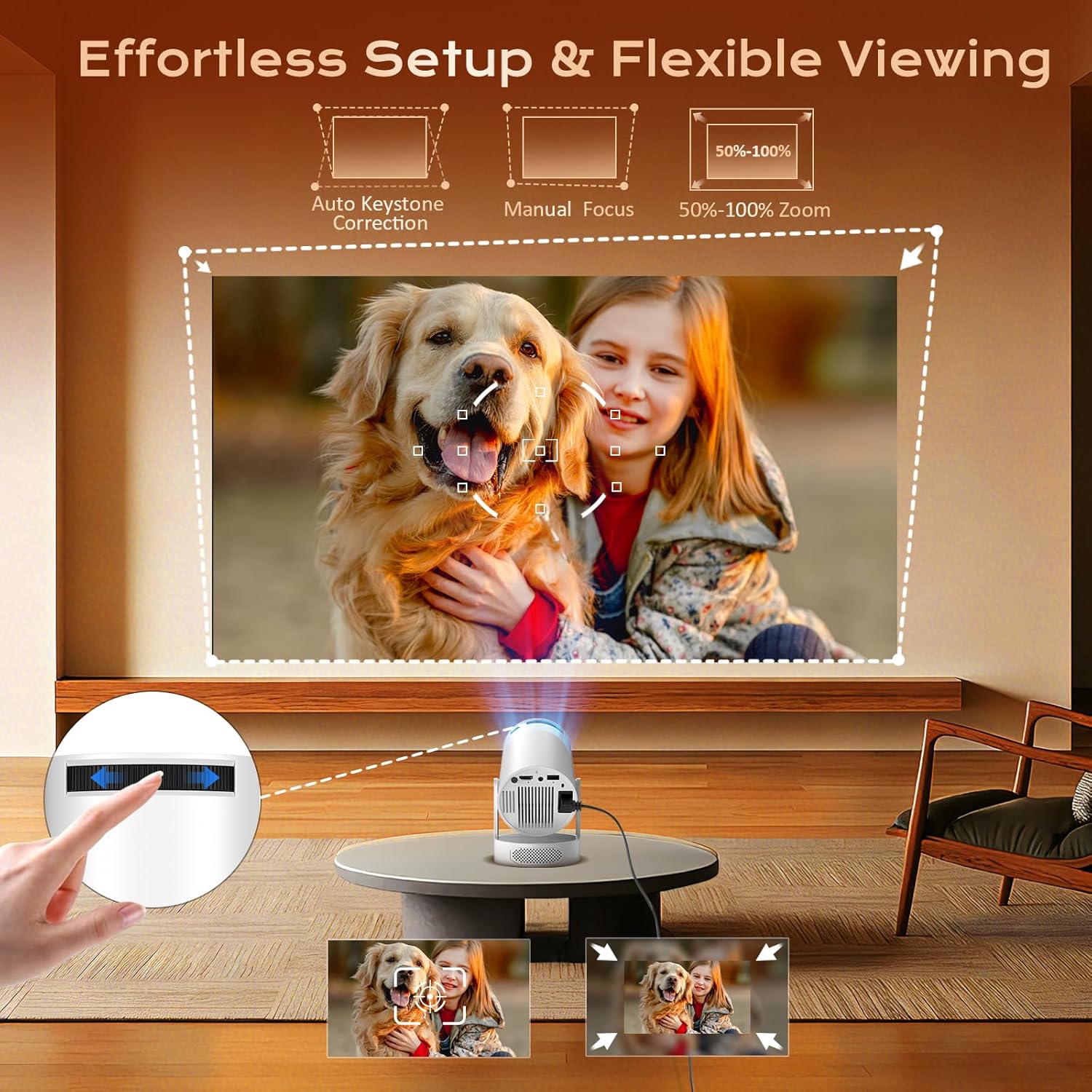 Detalle de Mini Beamer 4K/1080p – Tragbarer Android-Beamer mit WLAN 6, Bluetooth 5.4 und 270° Drehsockel