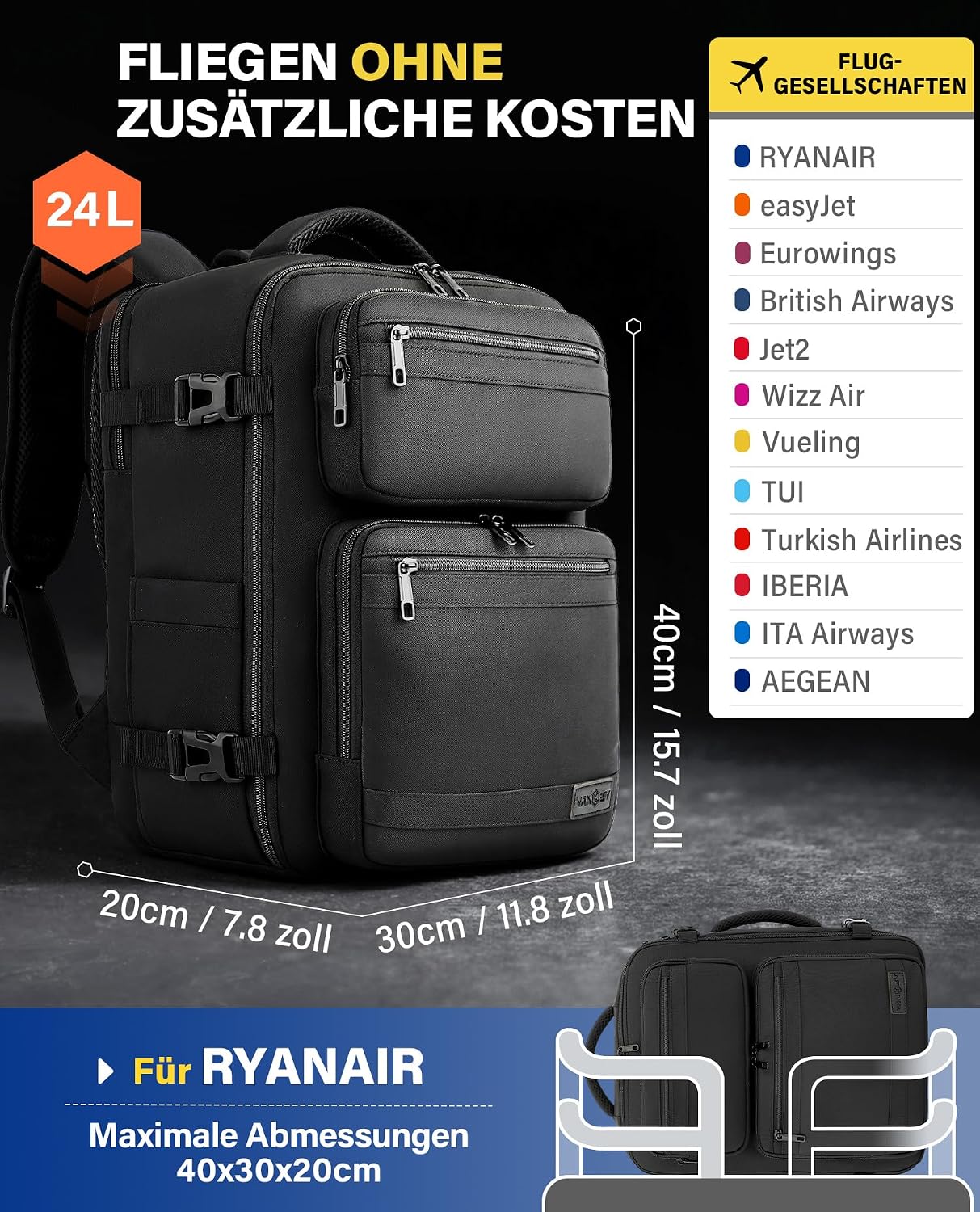 Detalle 2 de VANKEV Handgepäck Rucksack 24 L