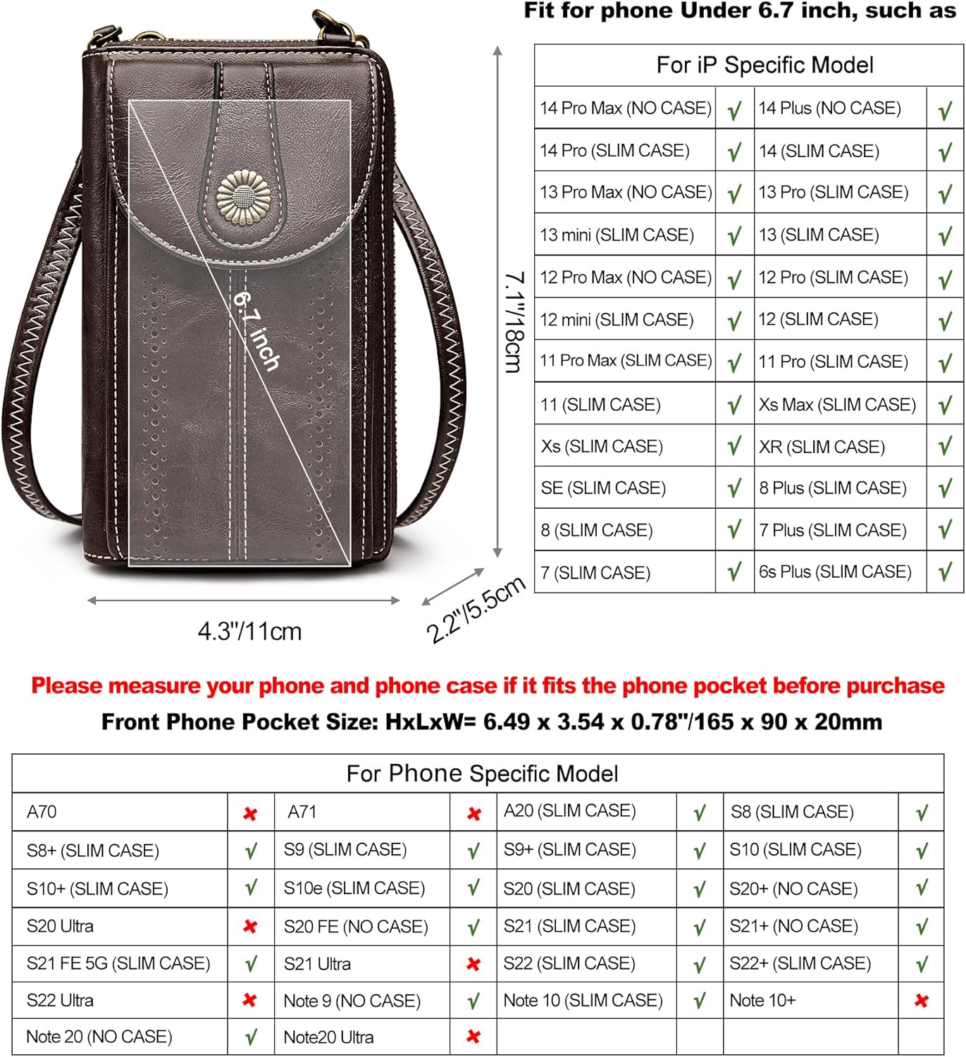 Thumbnail 2 de S-ZONE RFID Blocking 6.7 Inch Phone Purse: Small Crossbody Wallet in Vegan Leather