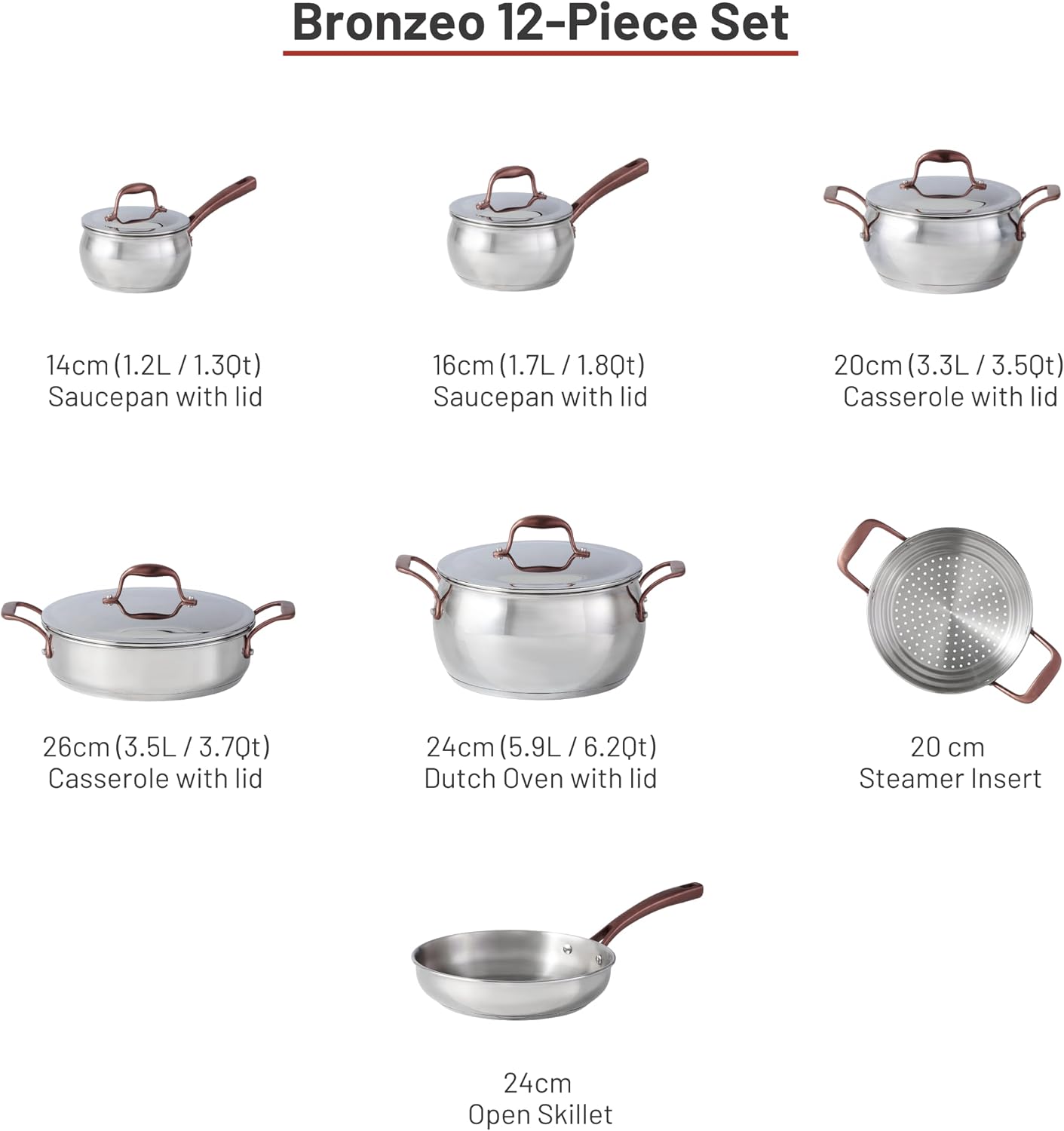 Detalle de Lagostina L415629612 Bronzeo 12-Piece Stainless Steel Cookware Set
