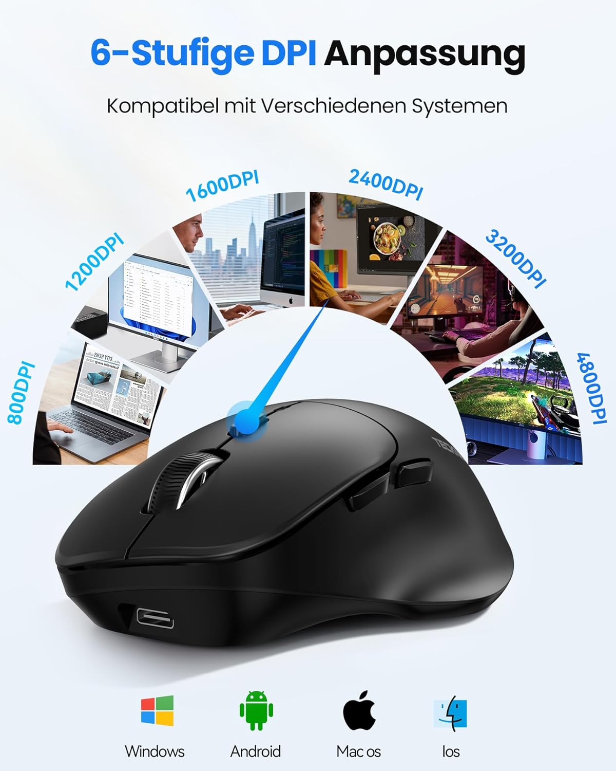 Detalle de TECKNET Bluetooth Maus wiederaufladbar (Tri-Modi: BT 5.0/3.0 + 2.4G) mit ergonomischer Daumenauflage und 4.800 DPI
